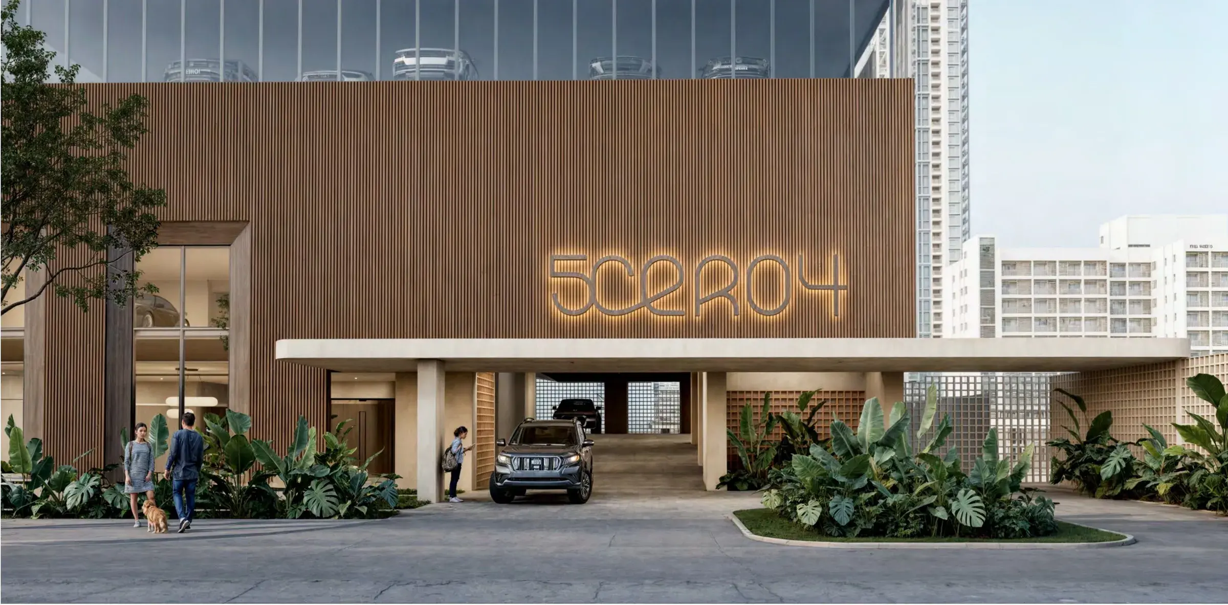 Architectural render of the 5CERO4 covered entrance with its illuminated sign.