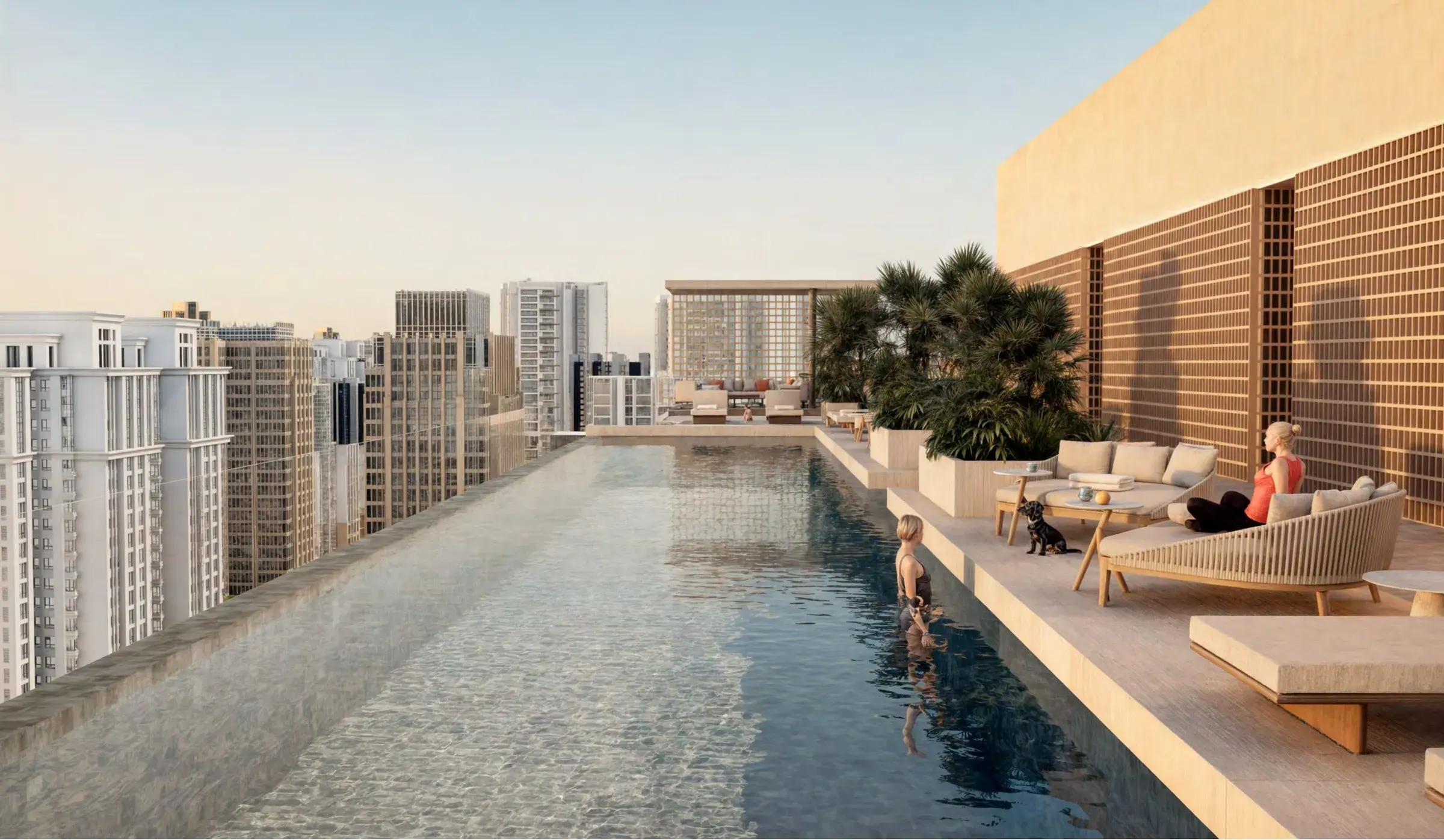 Architectural render of the 5CERO4 rooftop lap pool and loungers.