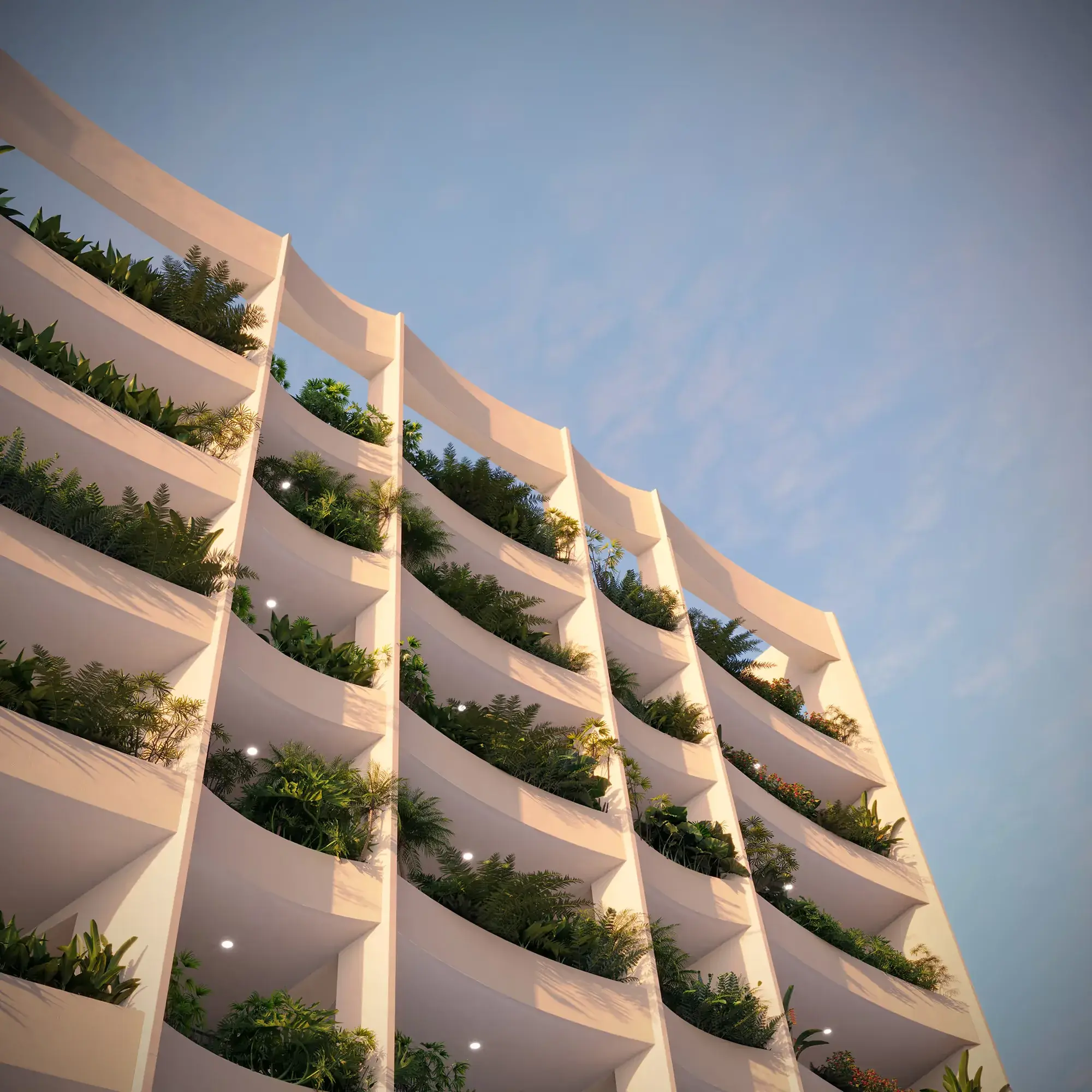 Architectural render of the A19 Cincuentenario facade seen from below, with curved cream balconies filled with ferns and tropical plants.