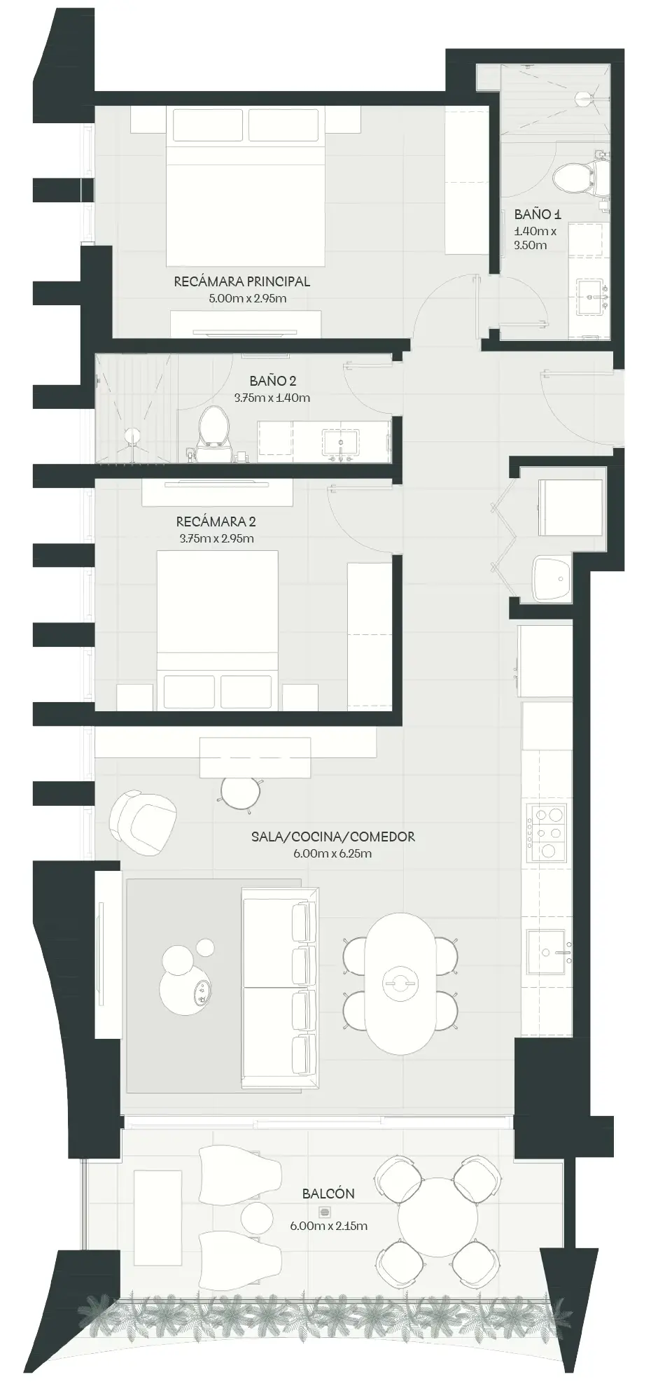 Floor plan of a 102 m² A19 Cincuentenario apartment with two bedrooms, two bathrooms and a balcony.