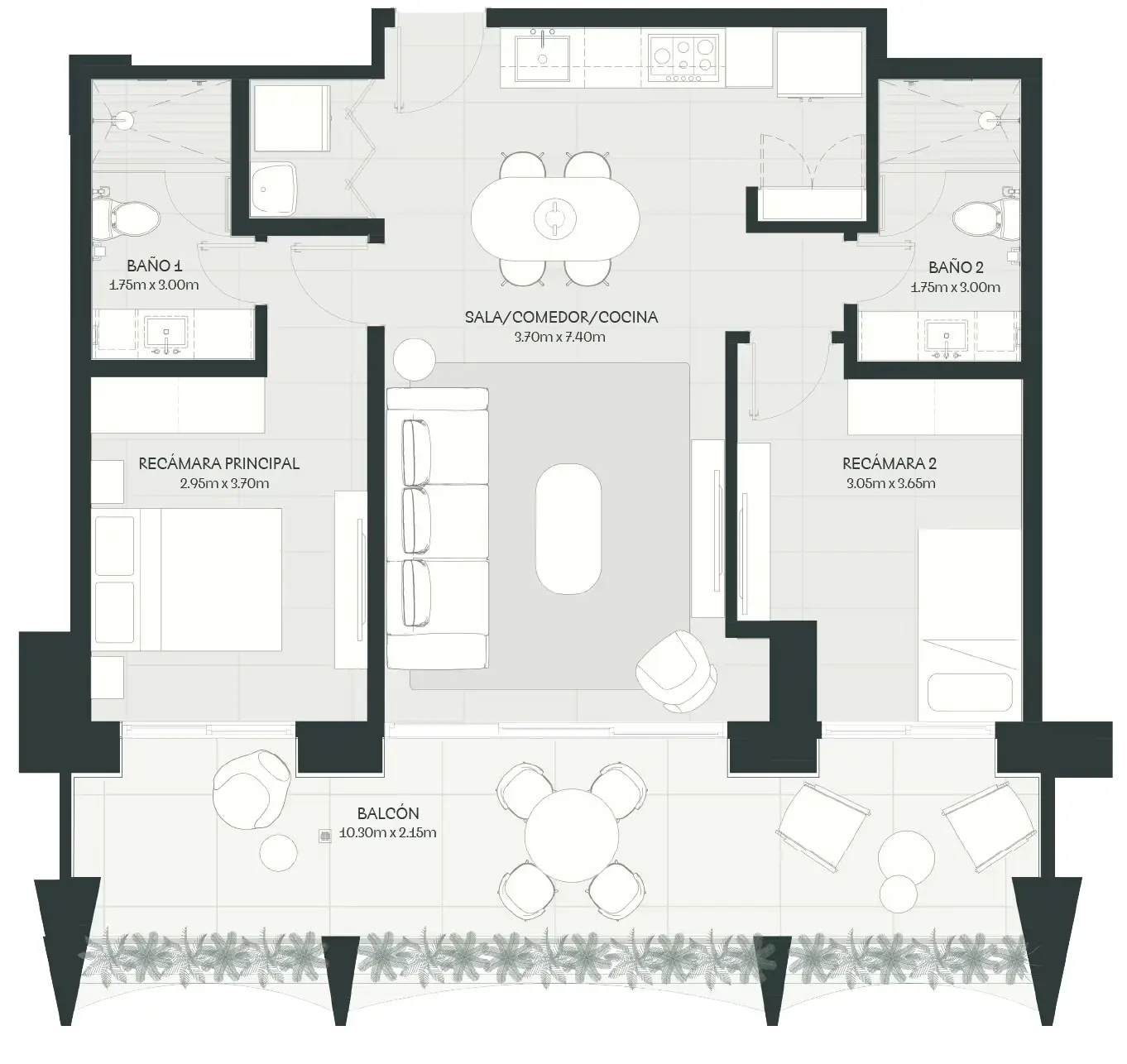Floor plan of a 104 m² A19 Cincuentenario apartment with two bedrooms on either side of the living area, two bathrooms and a long balcony.