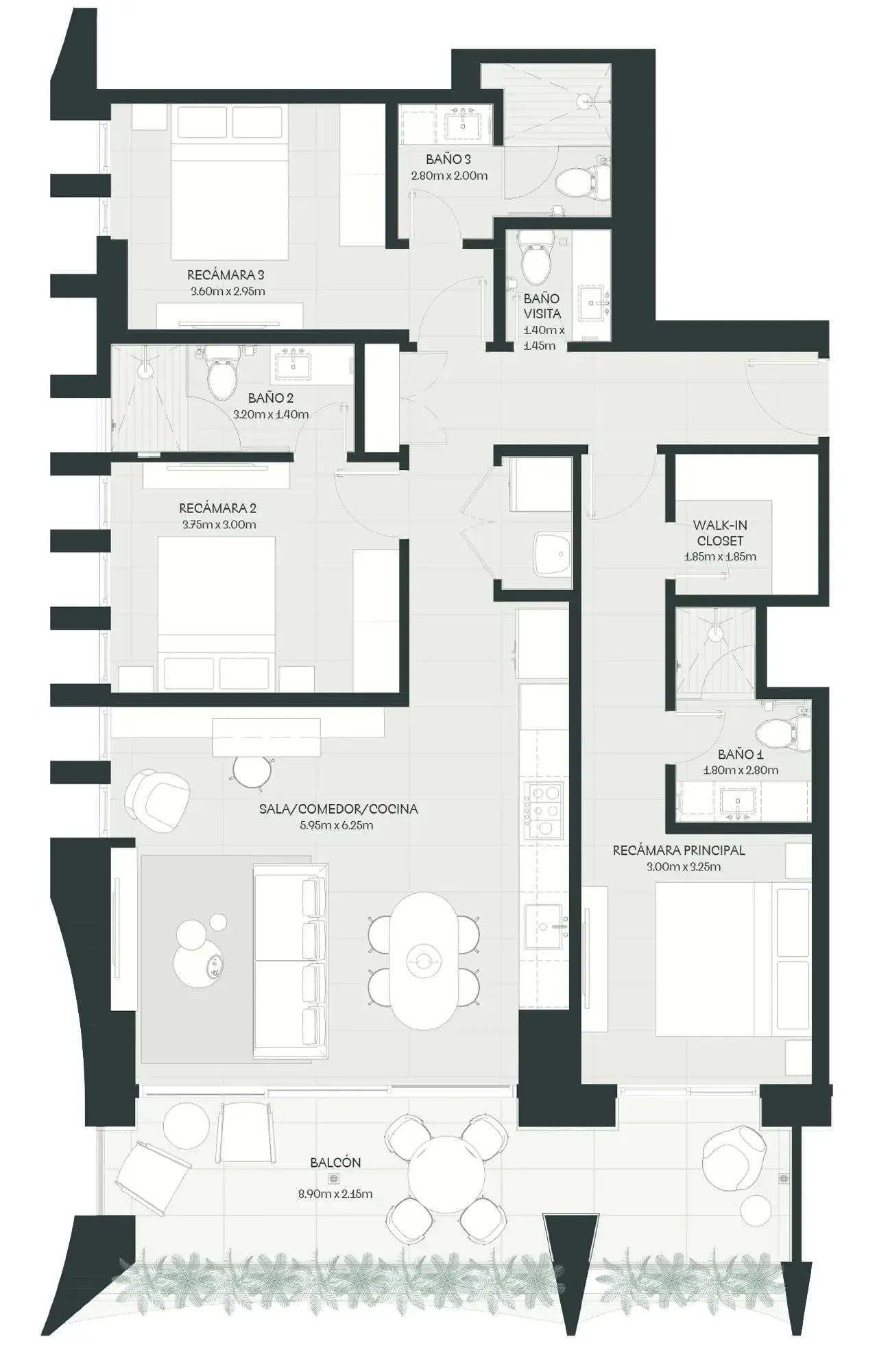 Floor plan of a 138 m² A19 Cincuentenario apartment with three bedrooms, three bathrooms, a guest bathroom, a walk-in closet and a balcony.