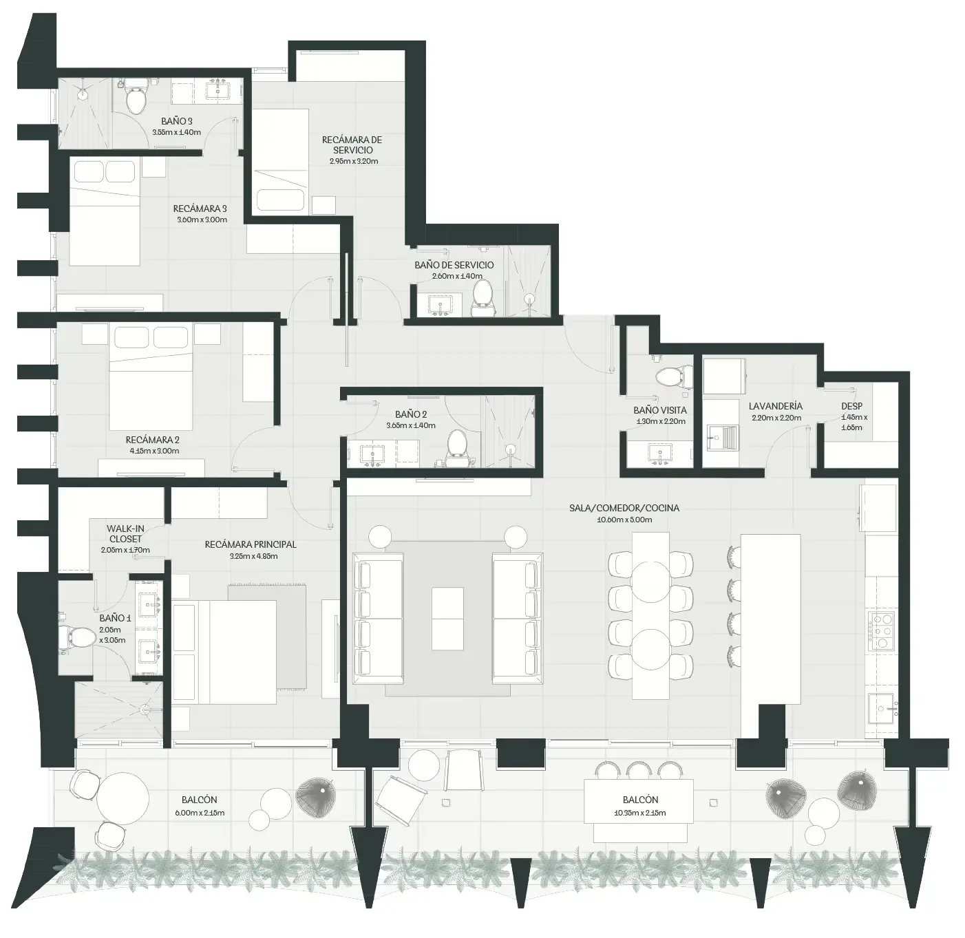 Floor plan of a 210 m² A19 Cincuentenario apartment with three bedrooms, a maid's room, a large living area, a laundry room and two balconies.