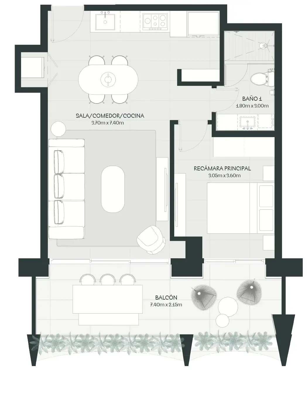 Floor plan of a 74 m² A19 Cincuentenario apartment with one bedroom, one bathroom, an open living, dining and kitchen area and a balcony.