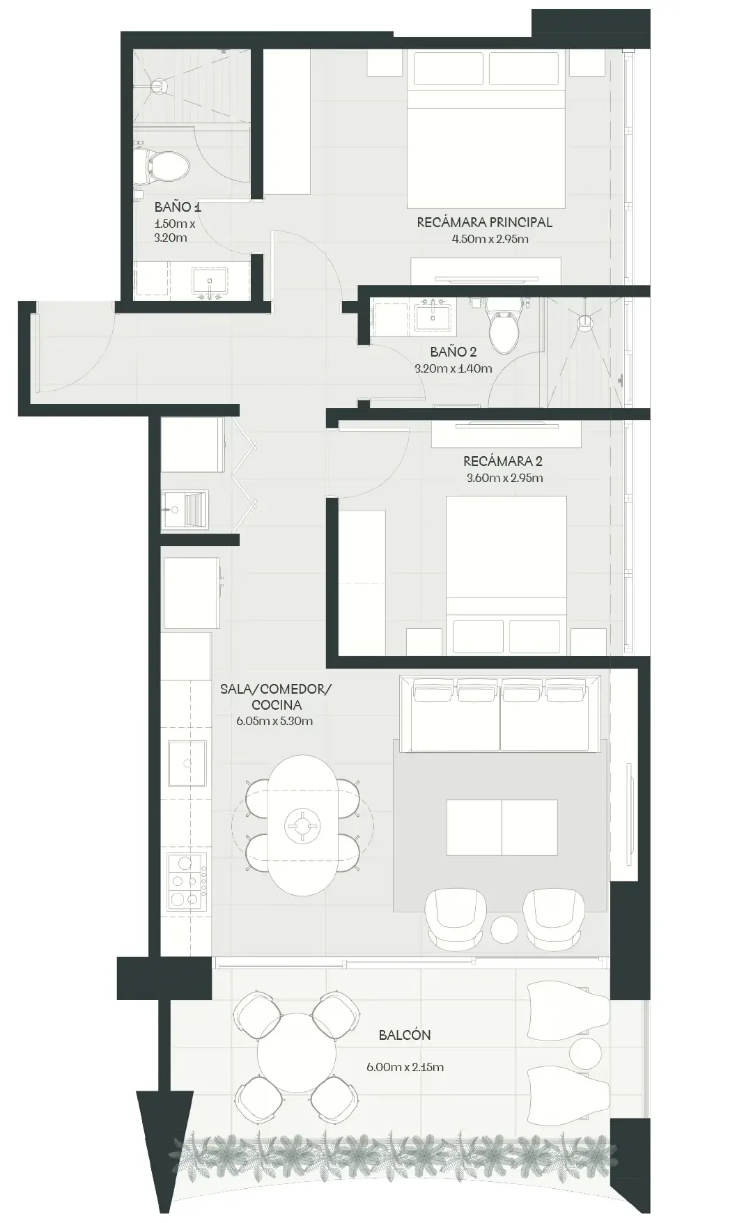 Floor plan of a 95 m² A19 Cincuentenario apartment with two bedrooms, two bathrooms, a laundry nook and a balcony.
