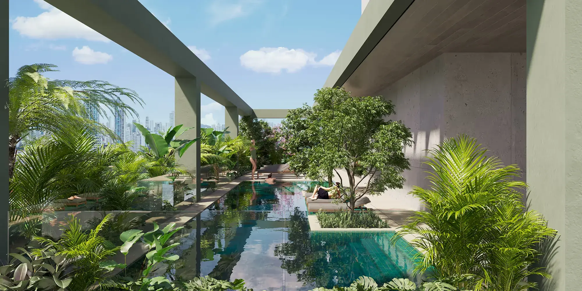 Architectural render of an A19 Cincuentenario elevated pool terrace with swimmers and loungers among tropical plants and the Panama City skyline in the distance.