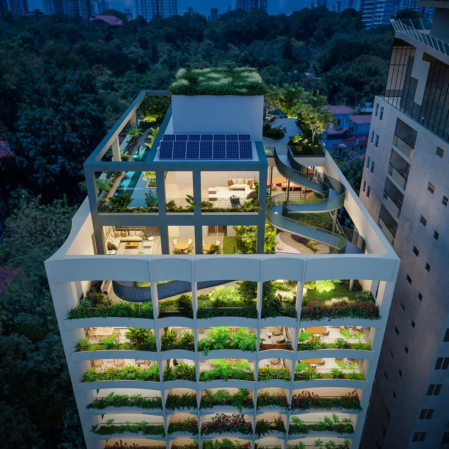 Architectural render from above of the A19 Cincuentenario tower crown at night, with a rooftop pool, a spiral ramp, solar panels, lit penthouse rooms and planted balconies below.