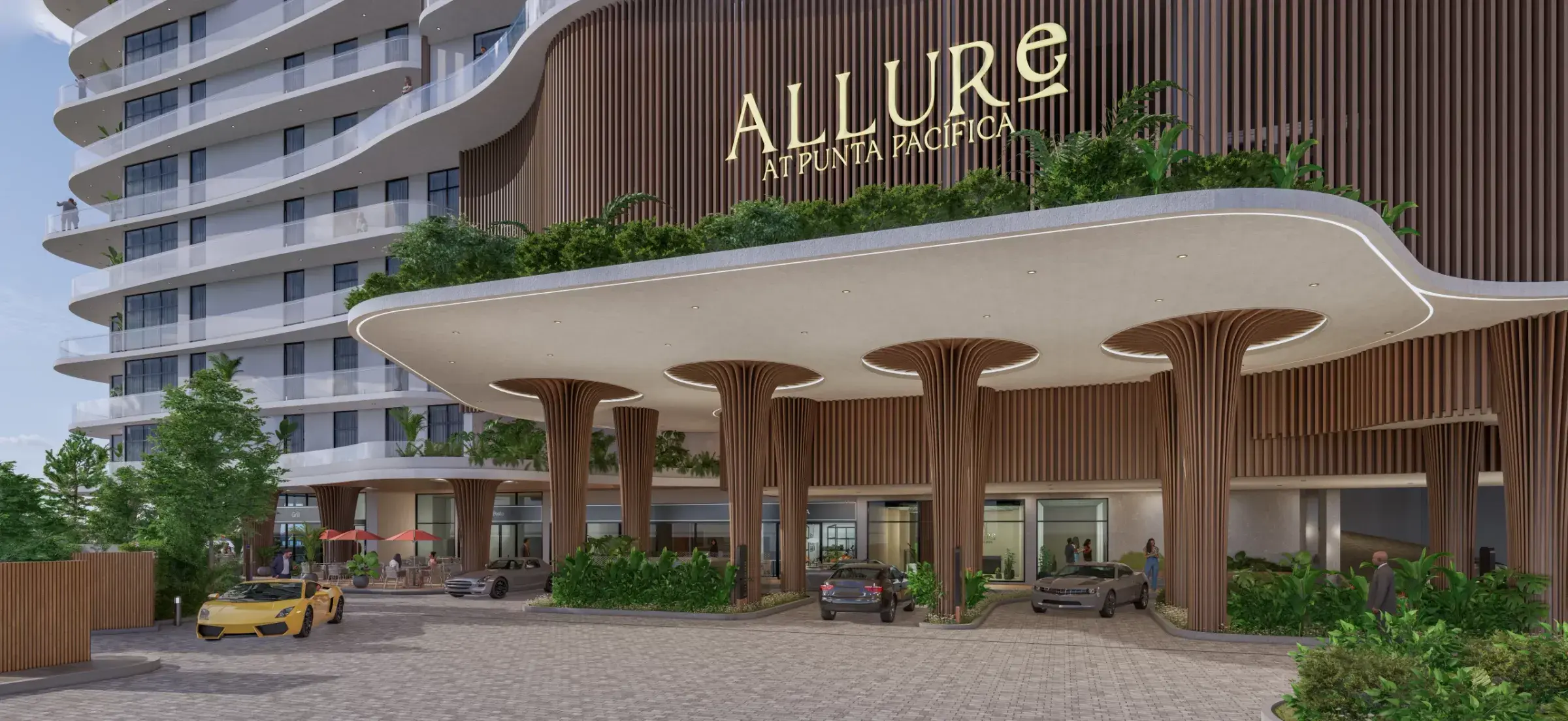 Architectural render of the Allure entrance canopy.