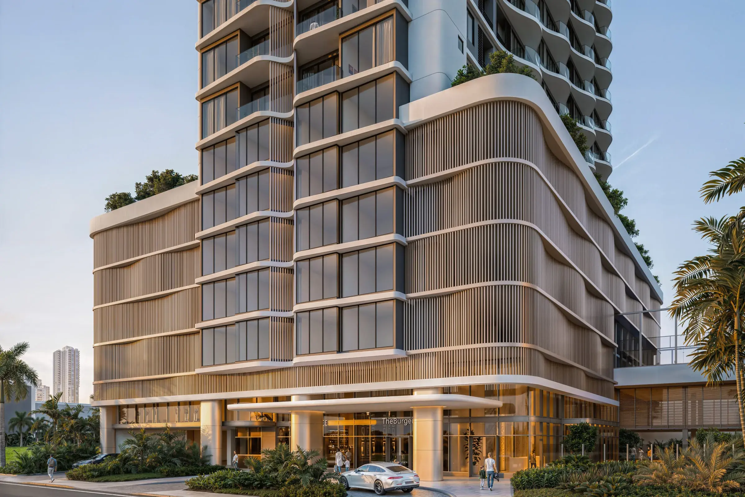 Architectural render of Aurum's entrance and lower facade in Costa del Este.