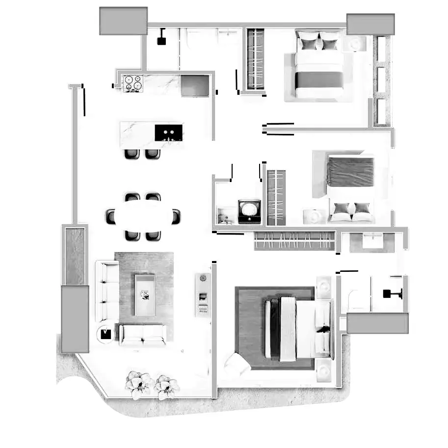 Floor plan of the 100 m² three-bedroom Aurum apartment, units F and G.