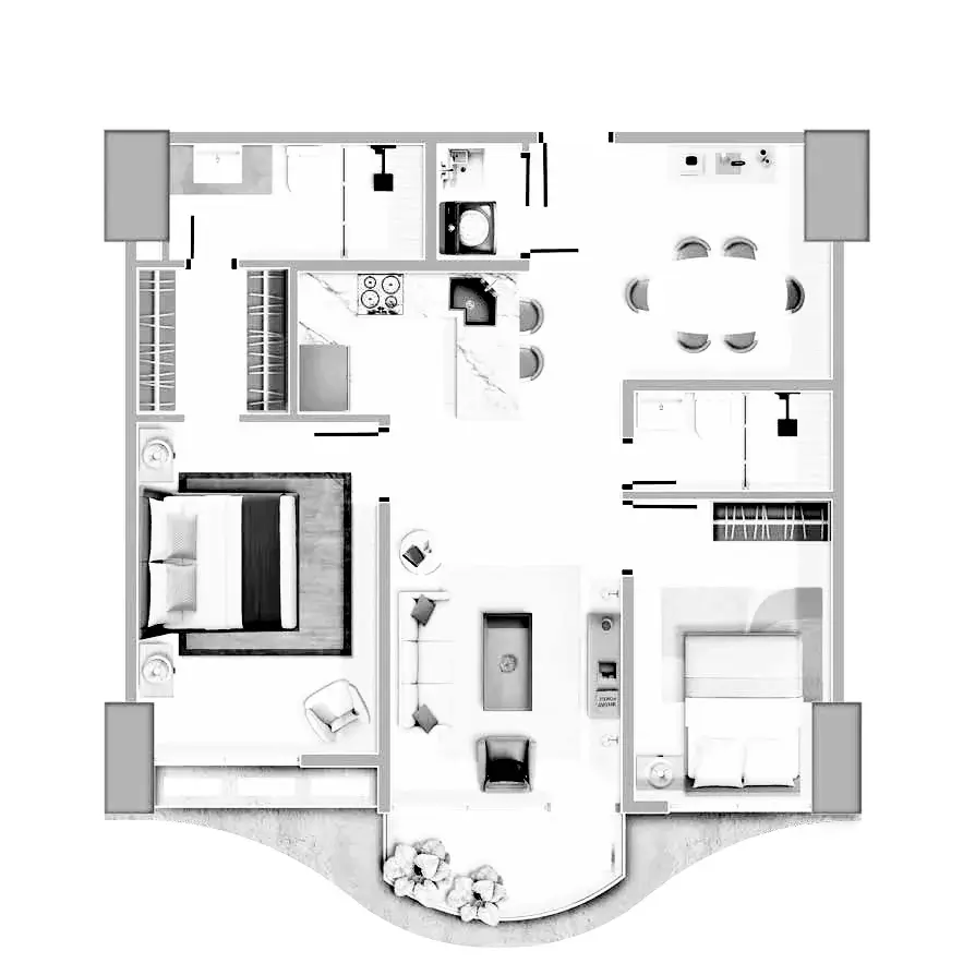 Floor plan of the 83 m² Aurum apartment, units C, D, E and H.