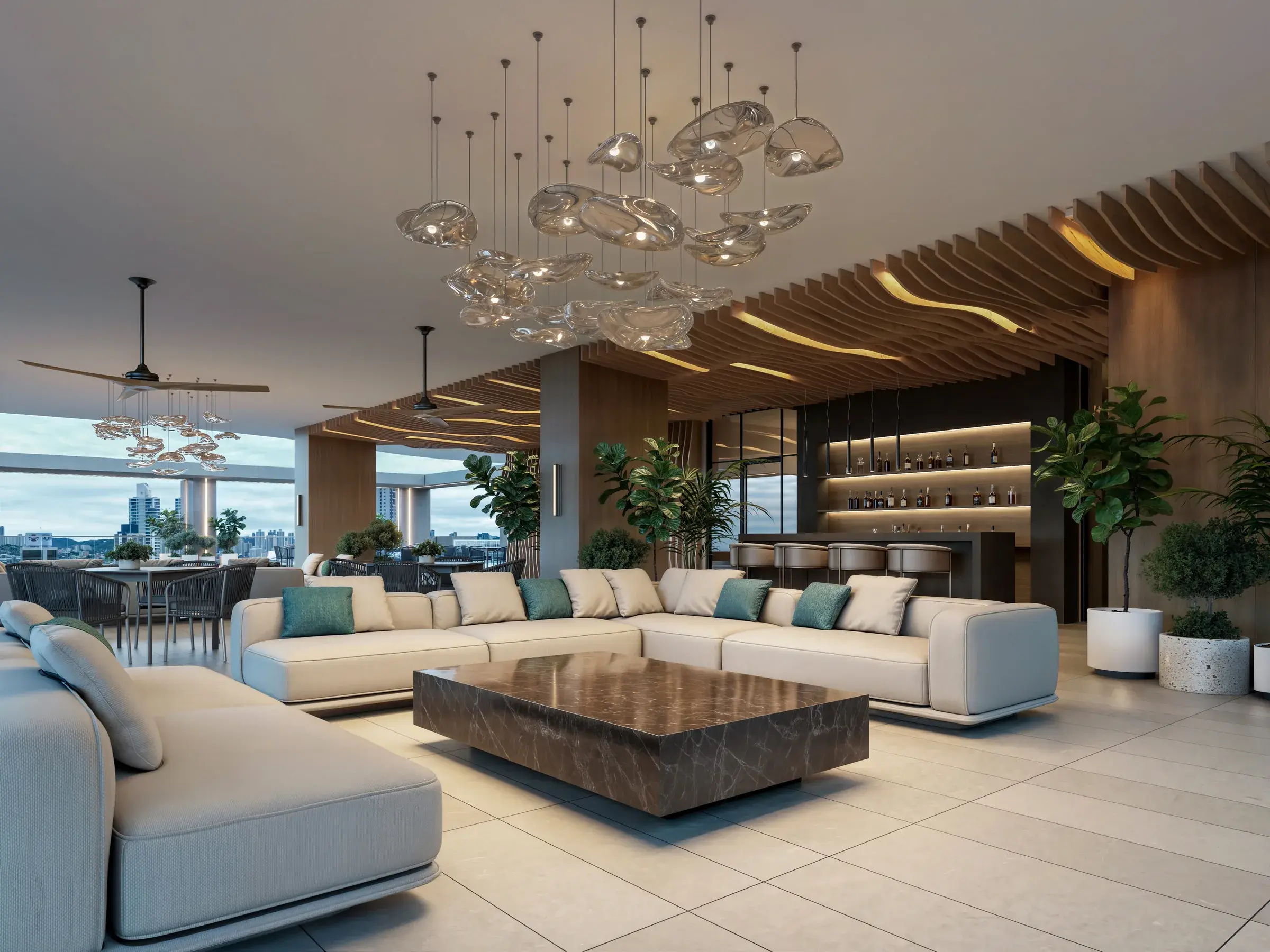 Architectural render of the Aurum urban terrace lounge.