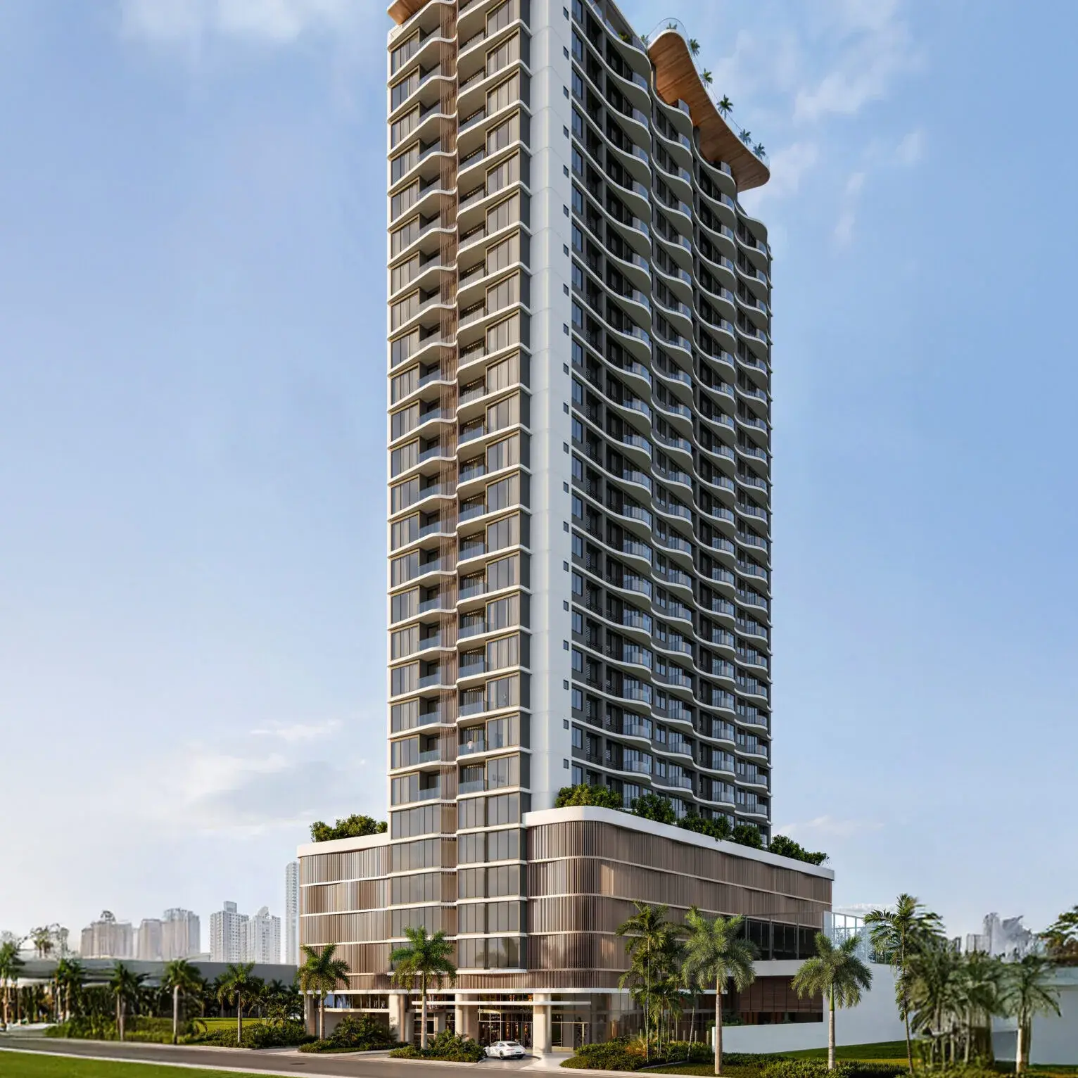 Architectural render of the full Aurum tower in Costa del Este.