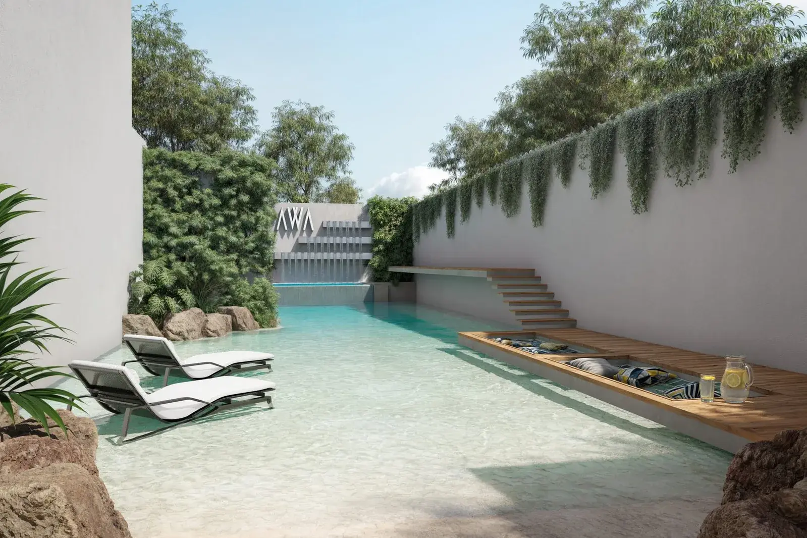 Architectural render of AWA by Living's pool courtyard in Bella Vista.