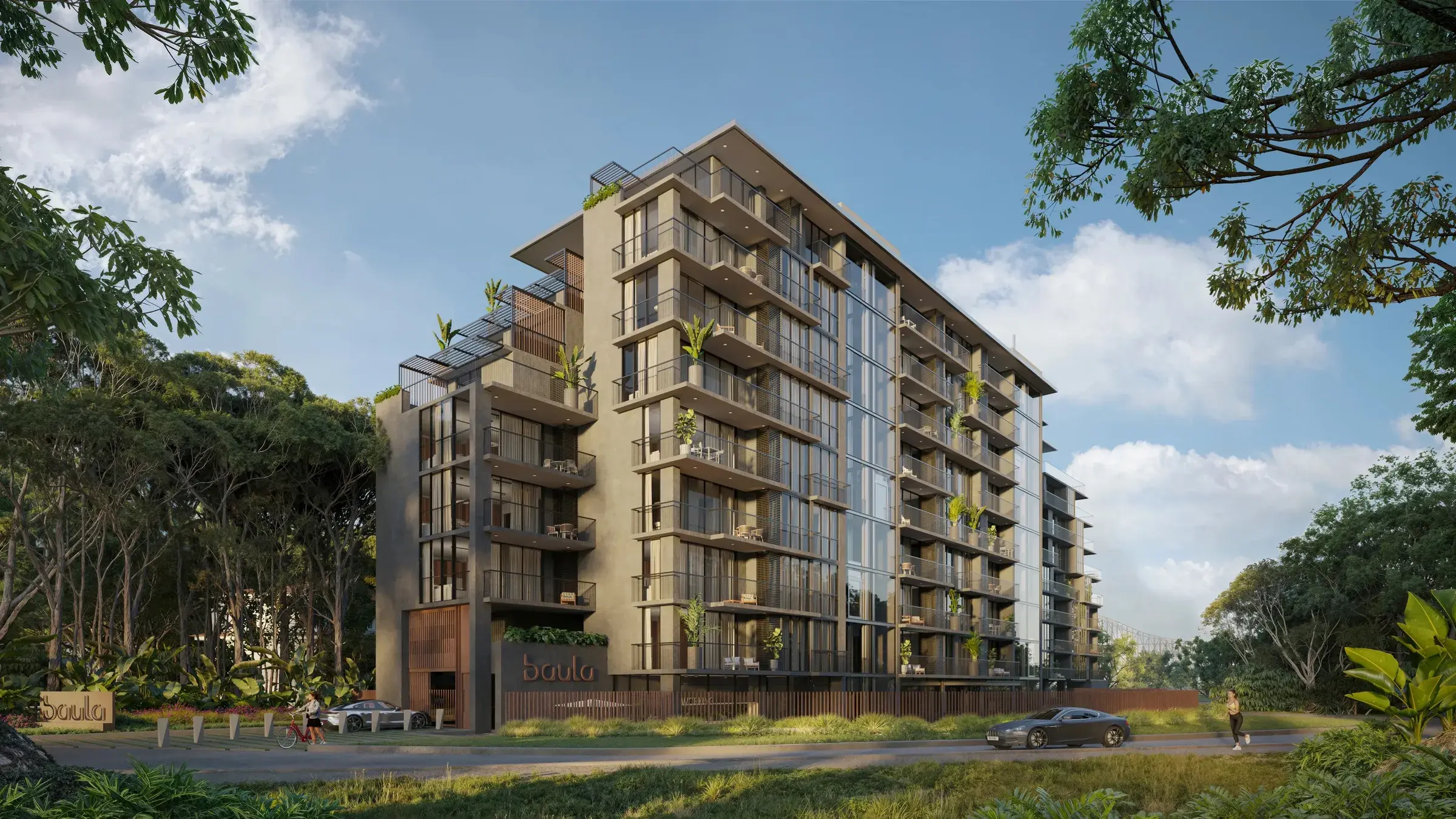 Architectural render of the Baula Residences building among the trees in Altos de Amador.