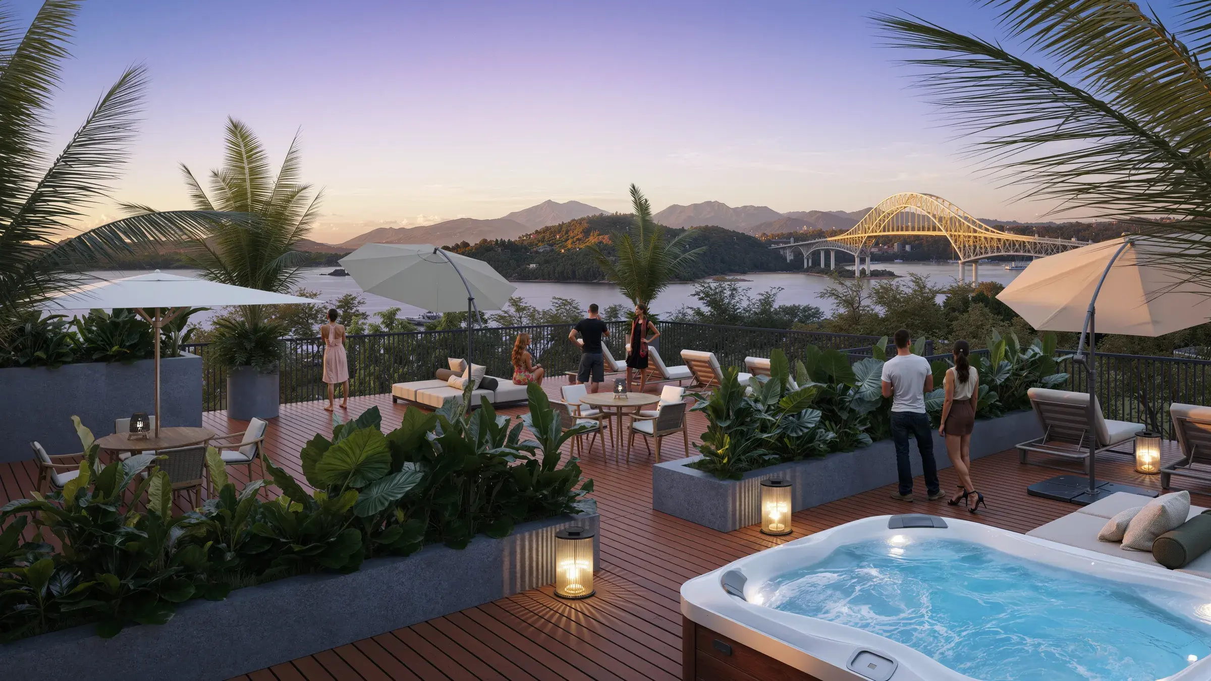 Architectural render of the Baula rooftop deck with a jacuzzi and a view of the Bridge of the Americas.