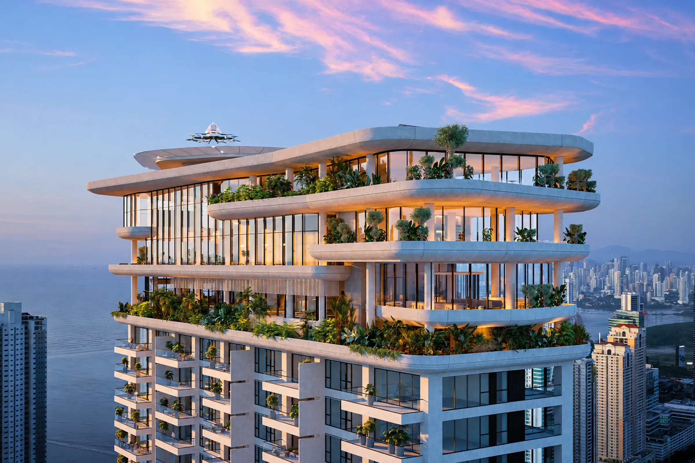 Architectural render of the Bioma tower crown at dusk, with stacked glazed levels with curved white slabs, planted terraces, a rooftop pad and the bay and city skyline on either side.