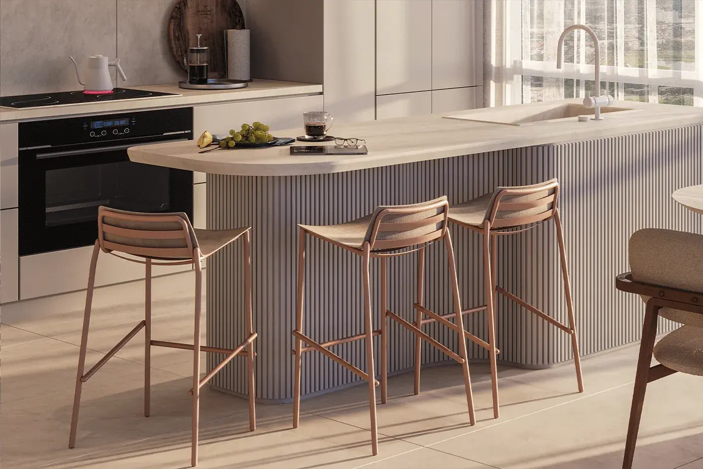 Architectural render of a Bioma kitchen island with a fluted base and a curved stone top, three bar stools, a built-in oven and a cooktop.