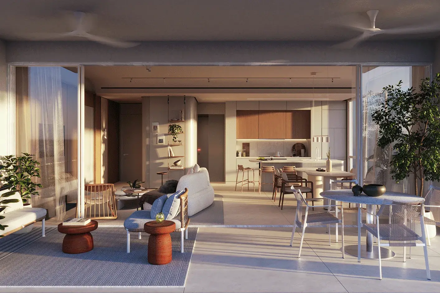 Architectural render of a Bioma living room and kitchen opening through sliding glass walls to a covered balcony with lounge seating and a round dining table.