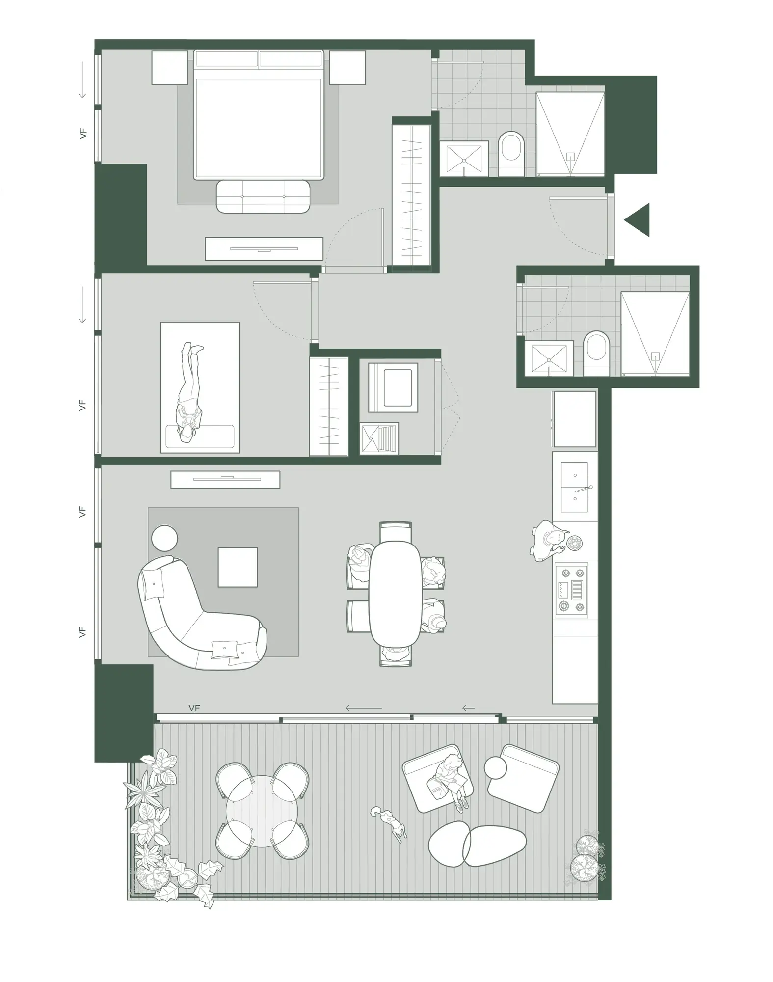 Floor plan of a 100 m² Bioma apartment with two bedrooms, two bathrooms, a living and dining area and a balcony.