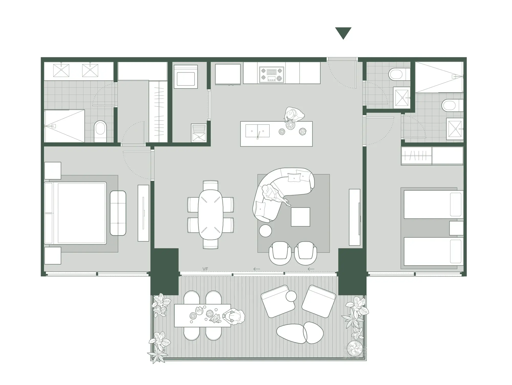 Floor plan of a 114 m² Bioma apartment with two bedrooms on either side of a central living area, a kitchen island and a balcony.