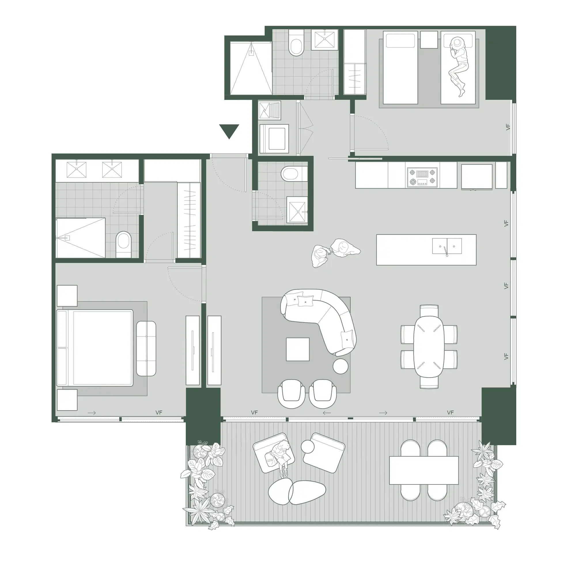 Floor plan of a 130 m² Bioma apartment with two bedrooms, a large living and dining area, a kitchen island and a balcony.