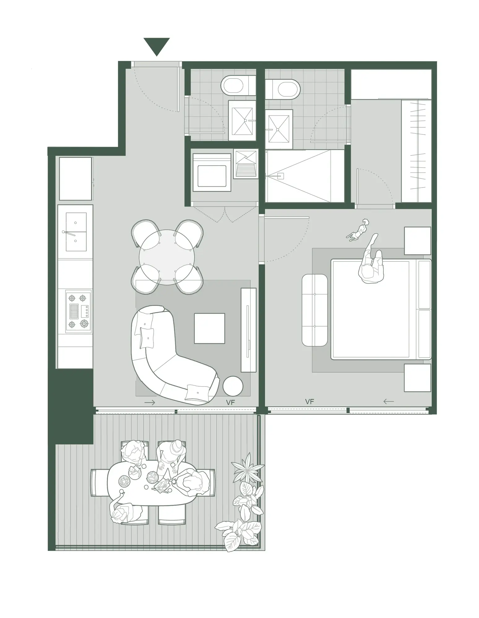 Floor plan of a 65 m² Bioma apartment with one bedroom, two bathrooms, a laundry nook, an open living and kitchen area and a balcony.