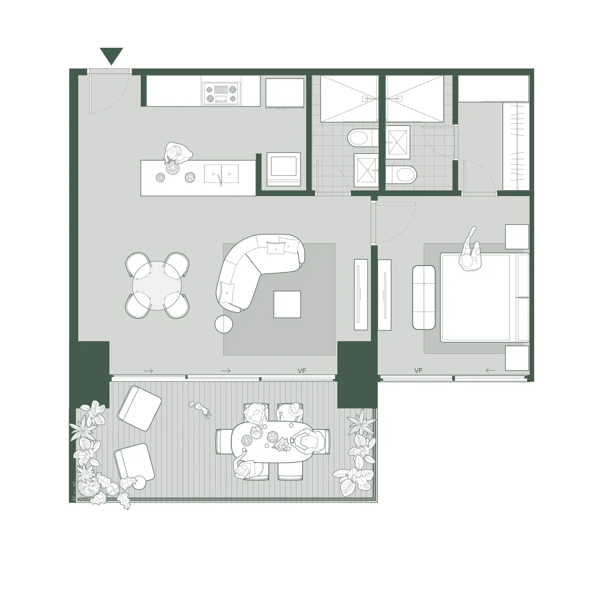 Floor plan of an 89 m² Bioma apartment with one bedroom, two bathrooms, a kitchen island, a large living area and a balcony.