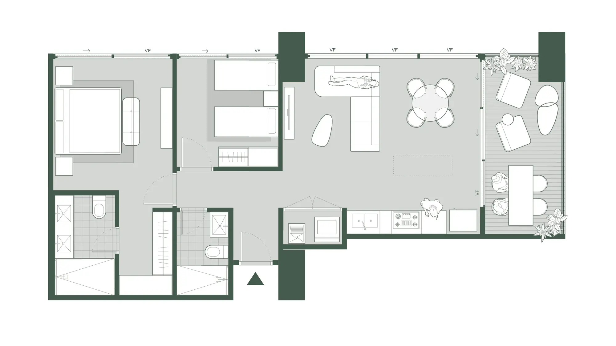 Floor plan of a 97 m² Bioma apartment with two bedrooms, two bathrooms, an open living and kitchen area and a wide balcony.