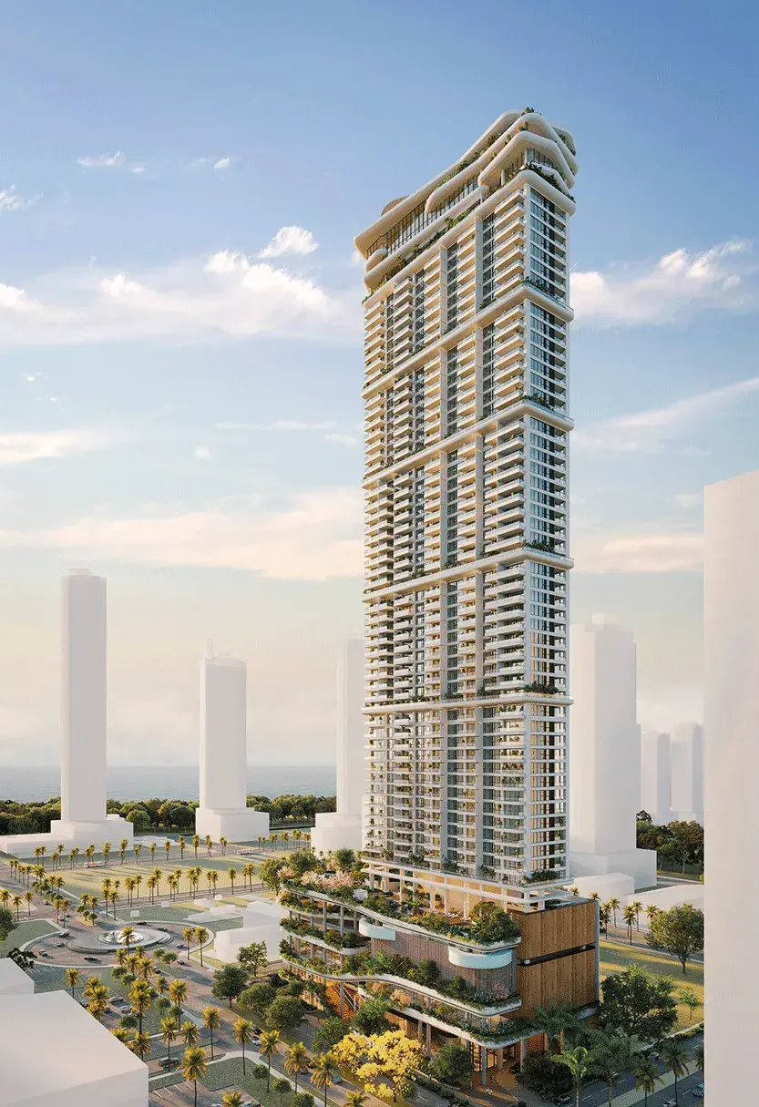 Architectural render of the slender Bioma tower in Costa del Este, with balconies on every floor, a planted crown, a landscaped podium and a palm-lined roundabout at its base.