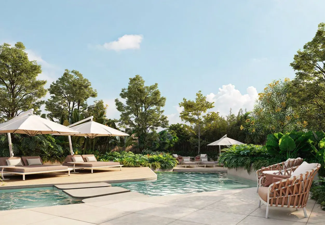 Architectural render of the Blau pool terrace in Costa del Este.
