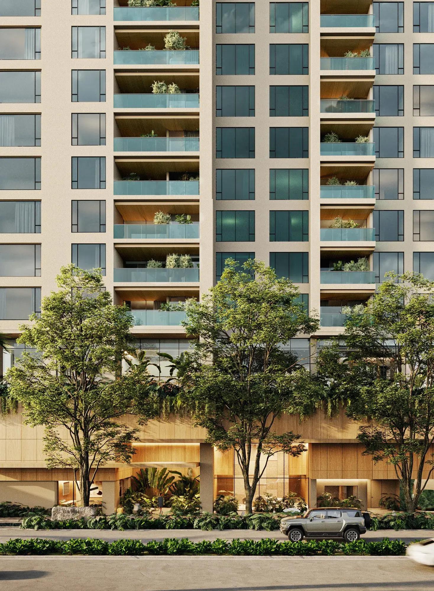 Architectural render of the Blau facade at street level.