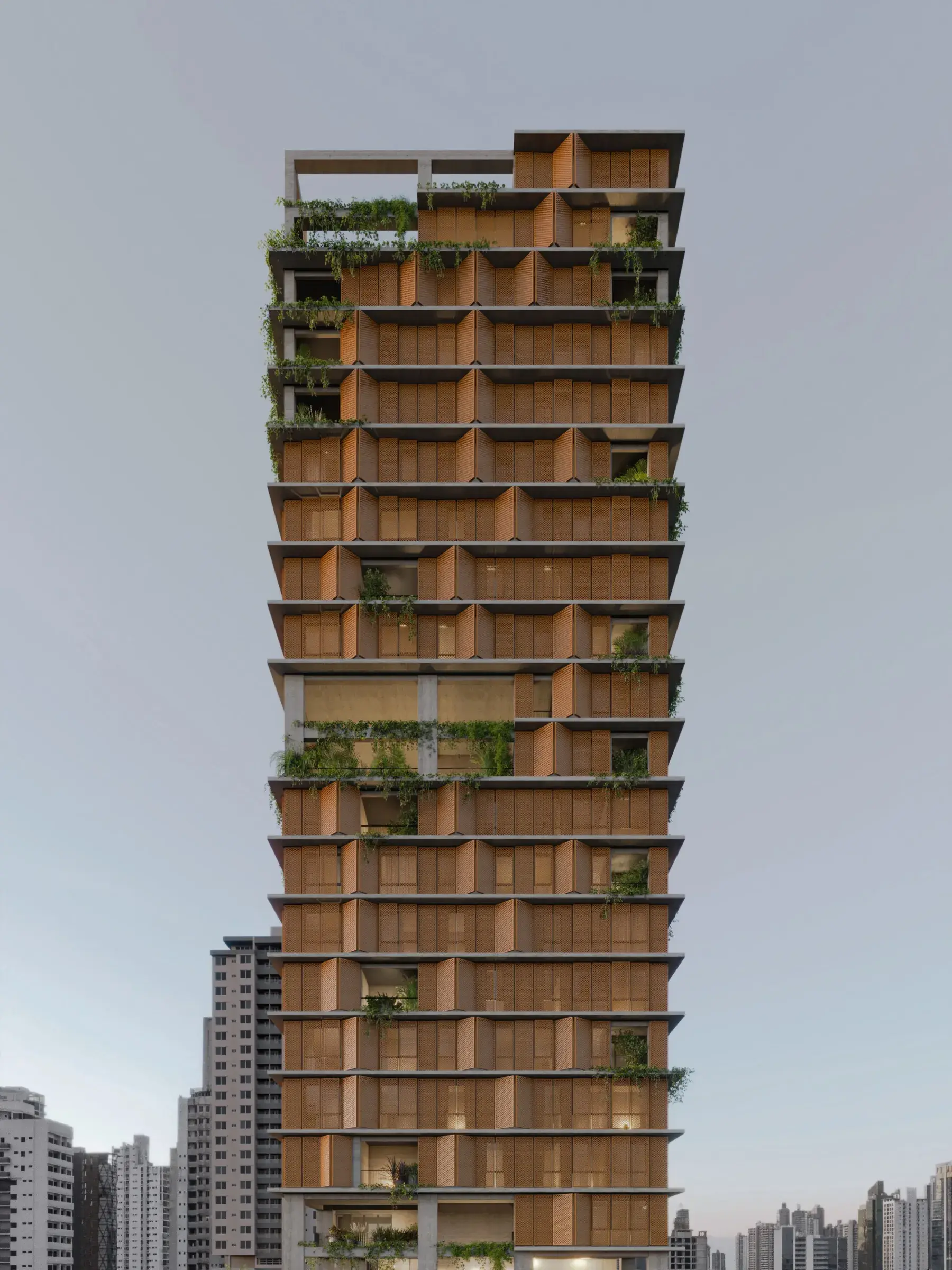 Architectural render of the Casa Parque double facade with louvers and hanging plants.