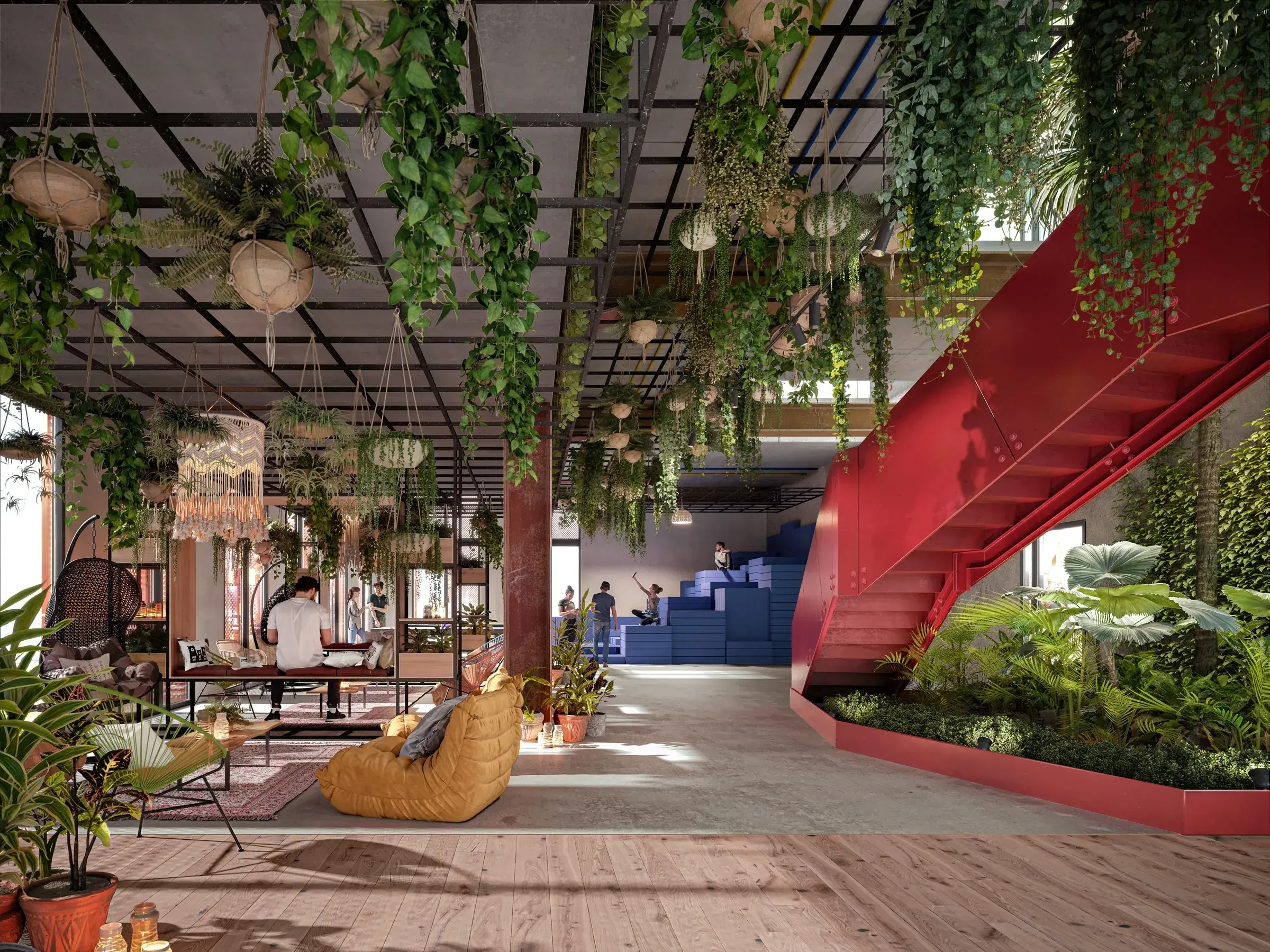 Architectural render of the Casa Parque planted social area.