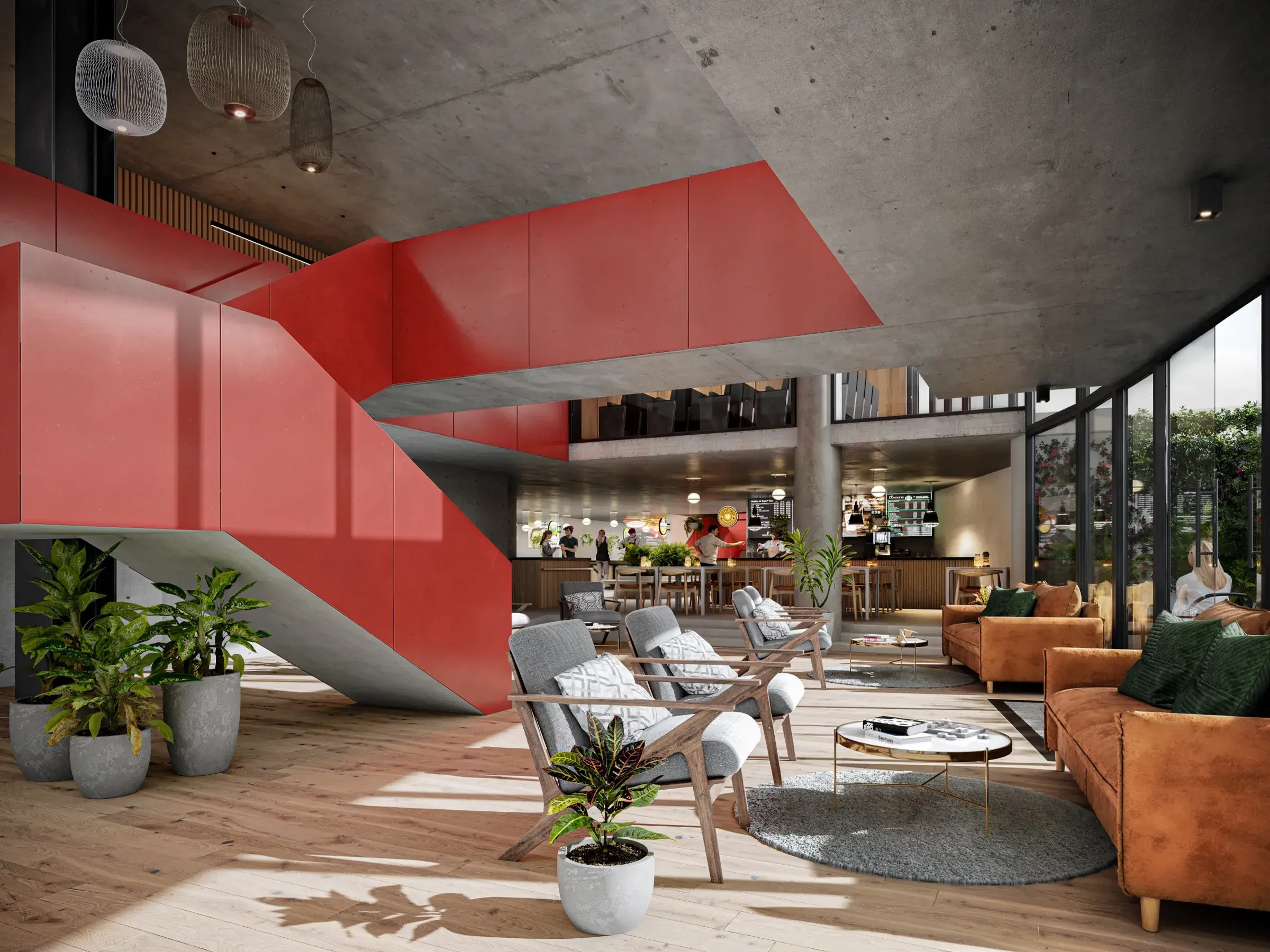 Architectural render of the Casa Parque double-height lounge with a red staircase.