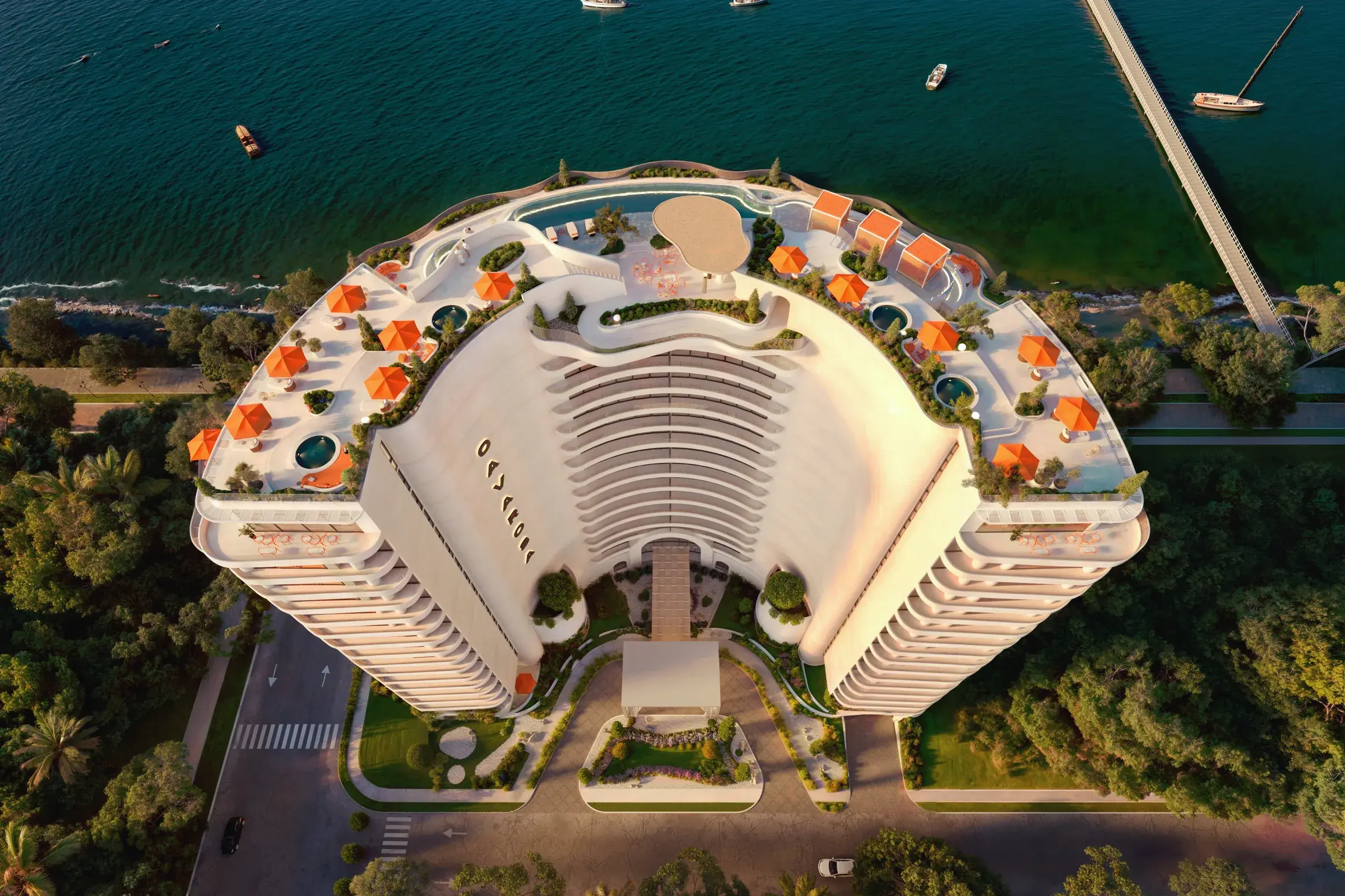 Aerial architectural render of Cavarosa beside the water in Amador.