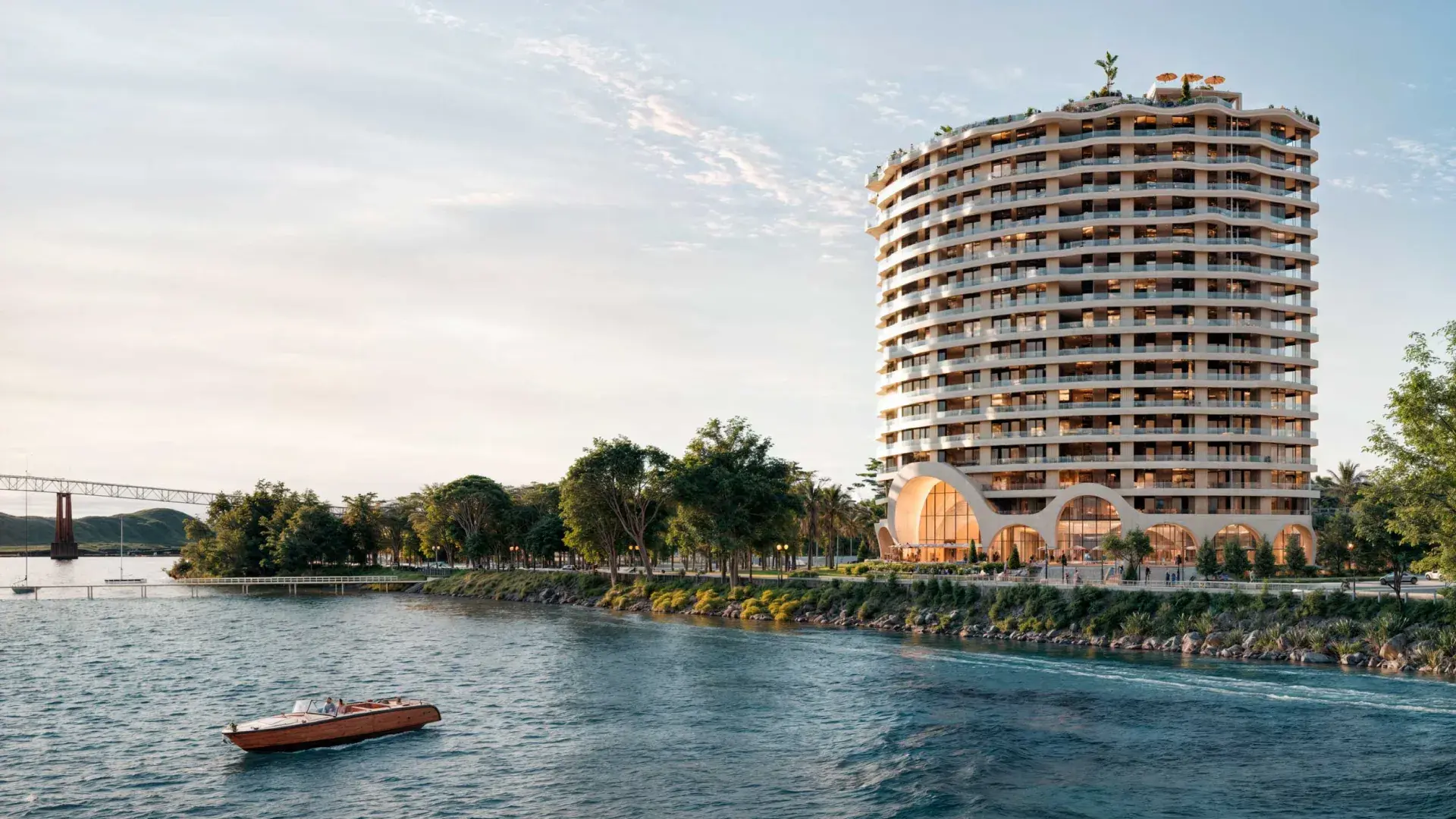 Architectural render of the Cavarosa tower seen from the water in Amador.