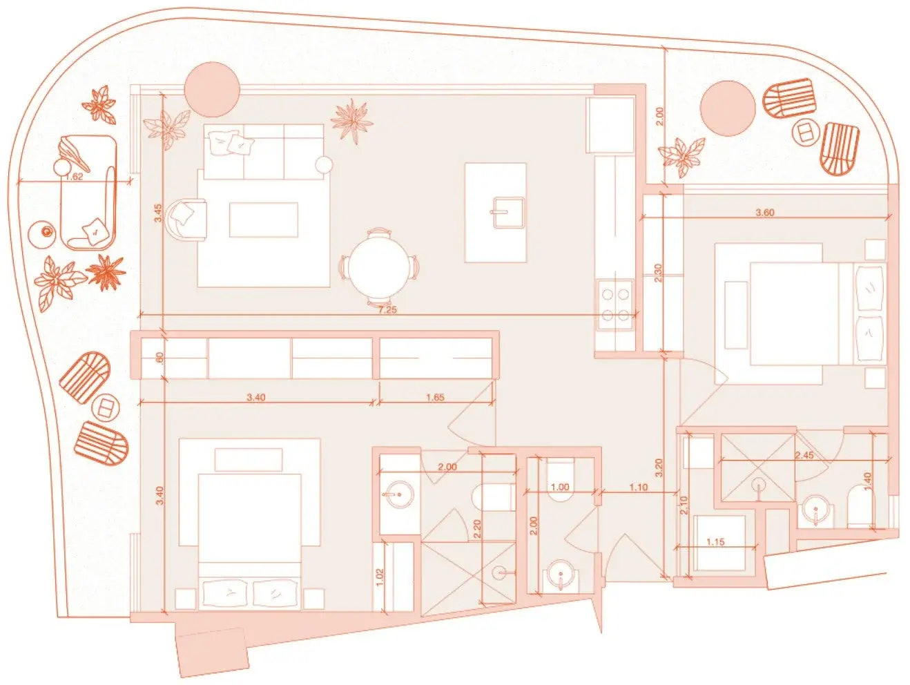 Floor plan of Cavarosa model B, a 106 m² two-bedroom apartment with a terrace.