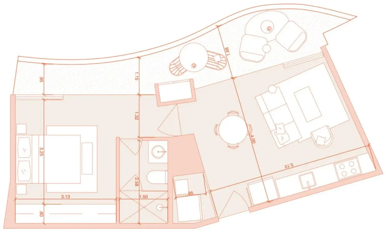 Floor plan of Cavarosa model A, a 60 m² one-bedroom apartment with a terrace.