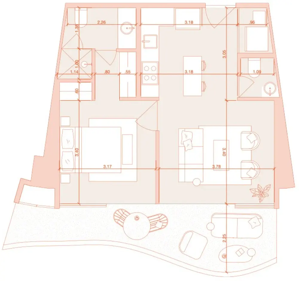 Floor plan of Cavarosa models C and D, 65 m² one-bedroom apartments with a terrace.