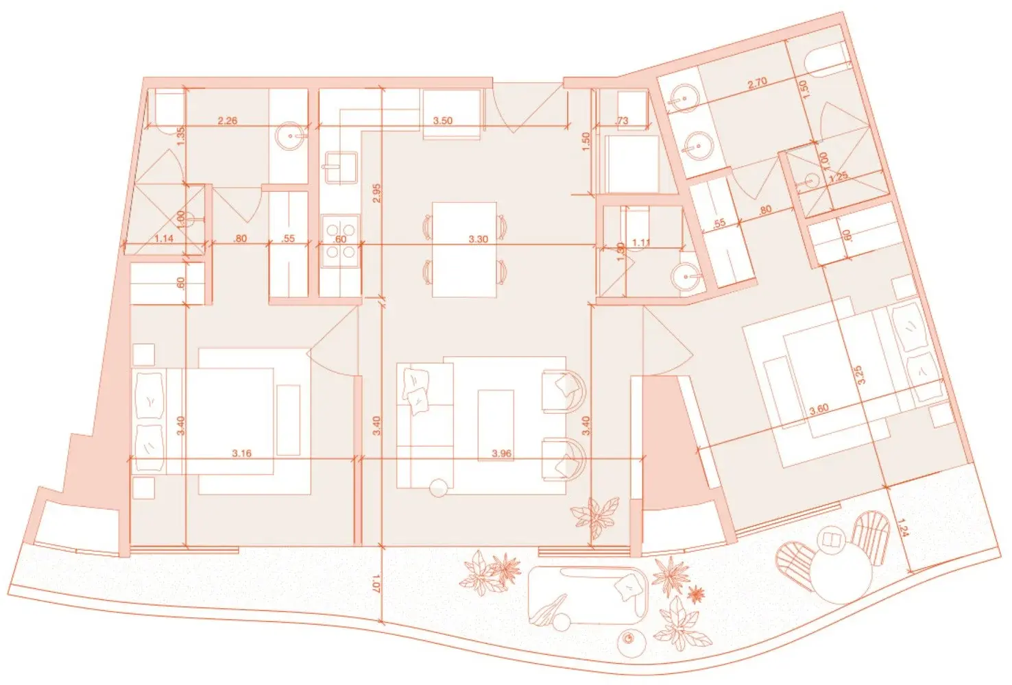 Floor plan of Cavarosa models E and F, 94 m² two-bedroom apartments with a terrace.