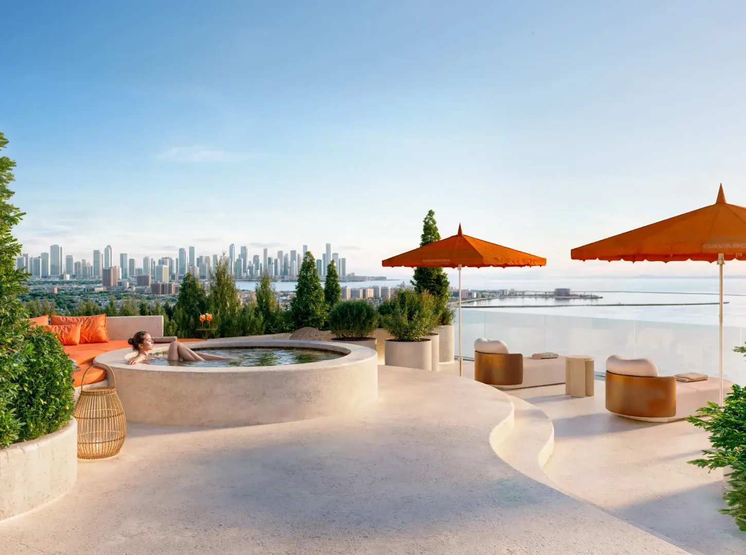 Architectural render of the Cavarosa rooftop terrace with a jacuzzi and city views.