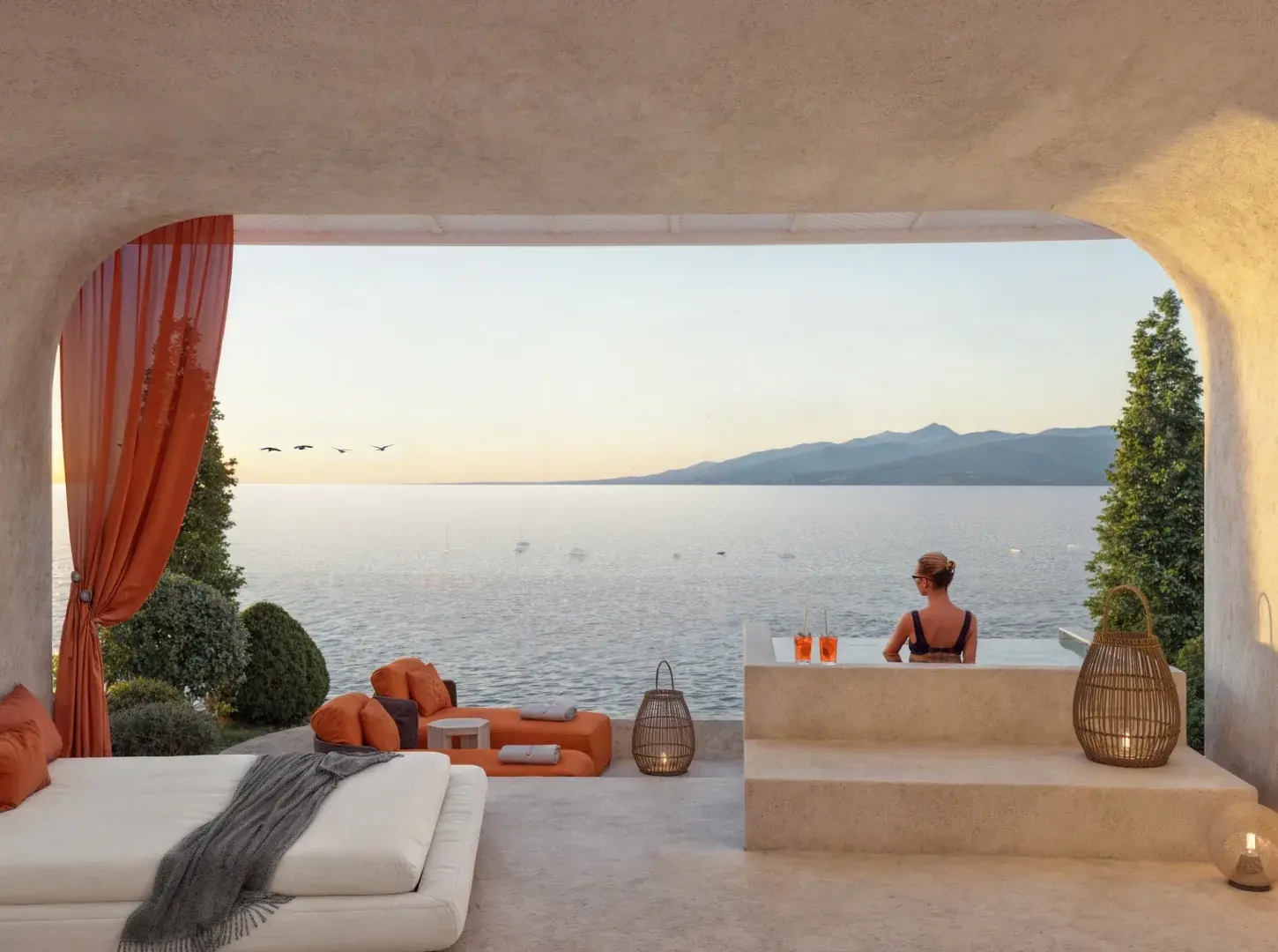 Architectural render of a private apartment terrace overlooking the bay.