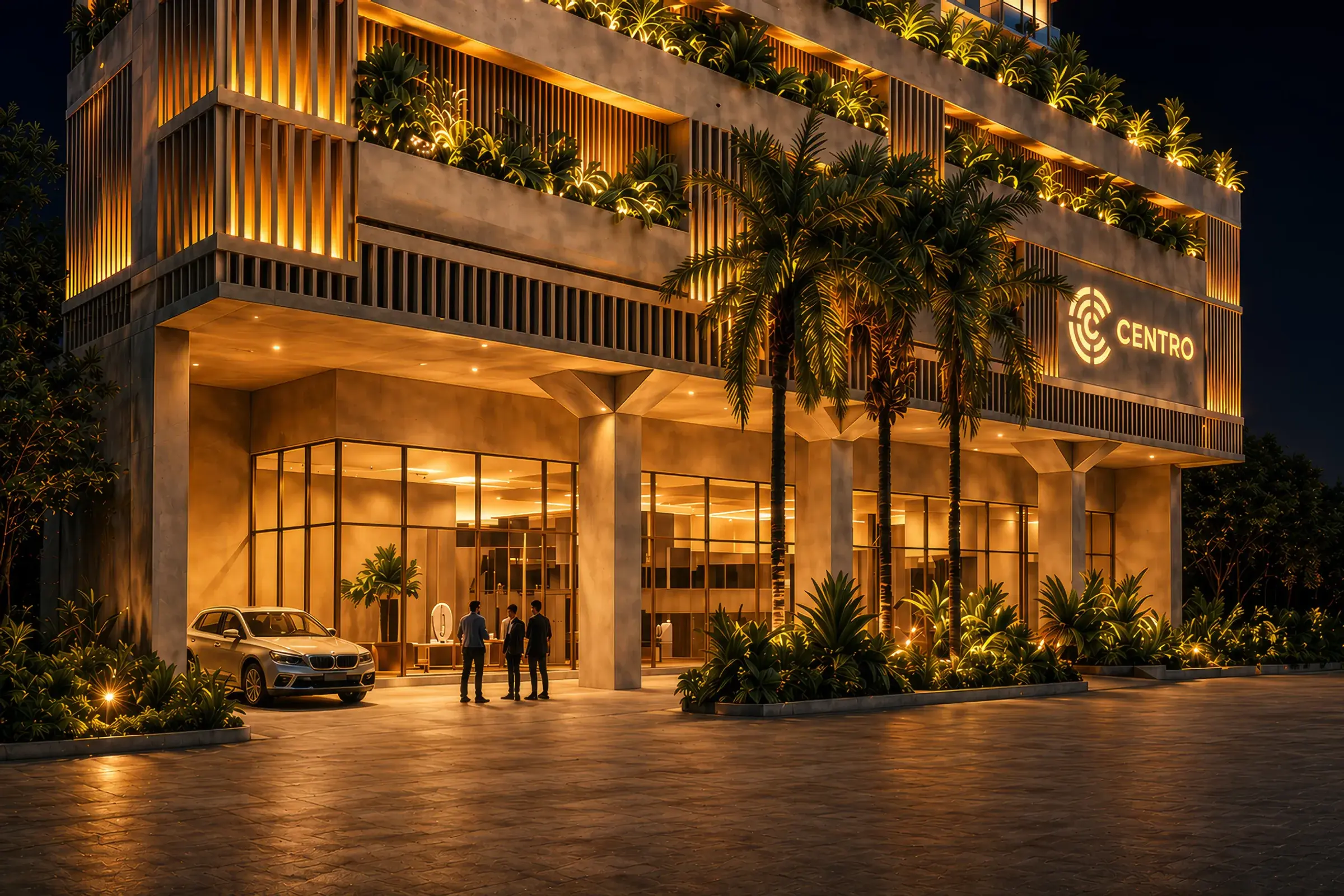 Architectural render of the Centro Obarrio entrance at night, with a glazed lobby under a slatted concrete facade, planted terraces, palm trees, a car at the drop-off and the illuminated Centro sign.