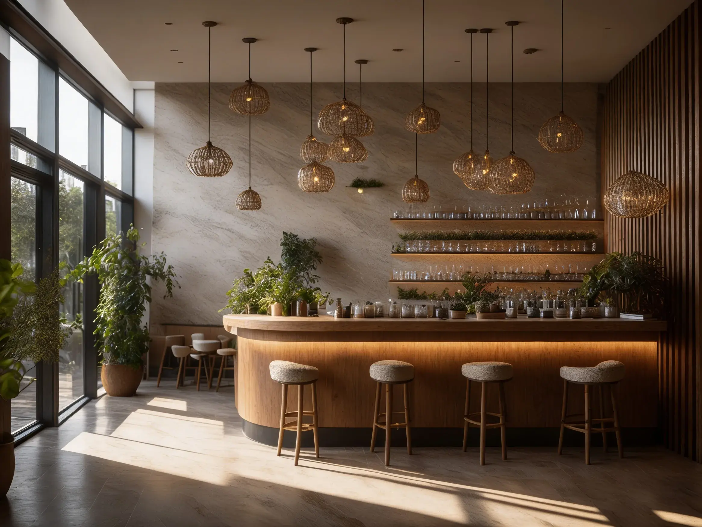 Architectural render of the Centro Obarrio bar, with a curved wooden counter, four stools, wicker pendant lights and shelves of glassware against a marble wall beside floor-to-ceiling windows.