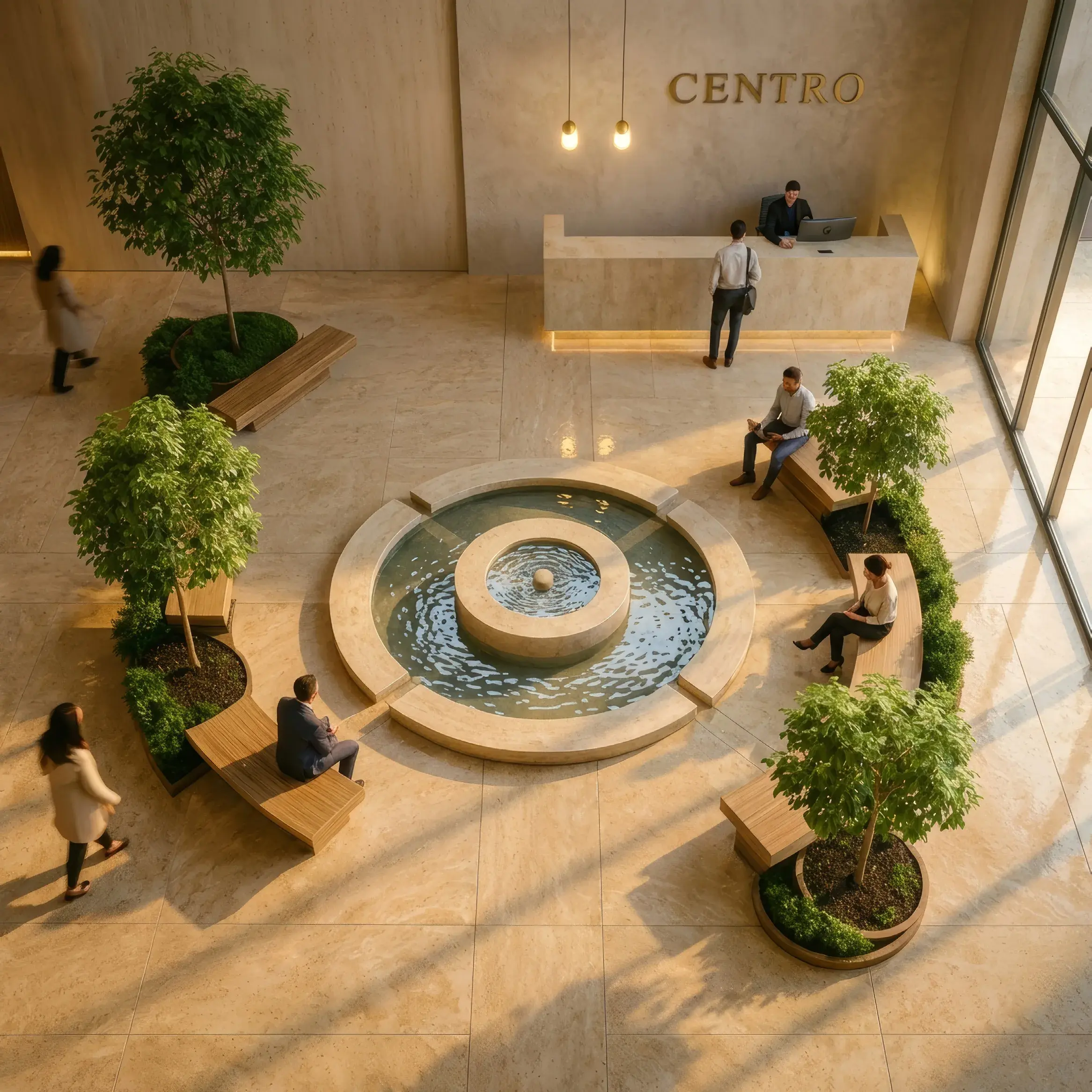 Architectural render from above of the Centro Obarrio lobby, with a travertine reception desk under the Centro name, a round fountain, curved wood benches, potted trees and people.