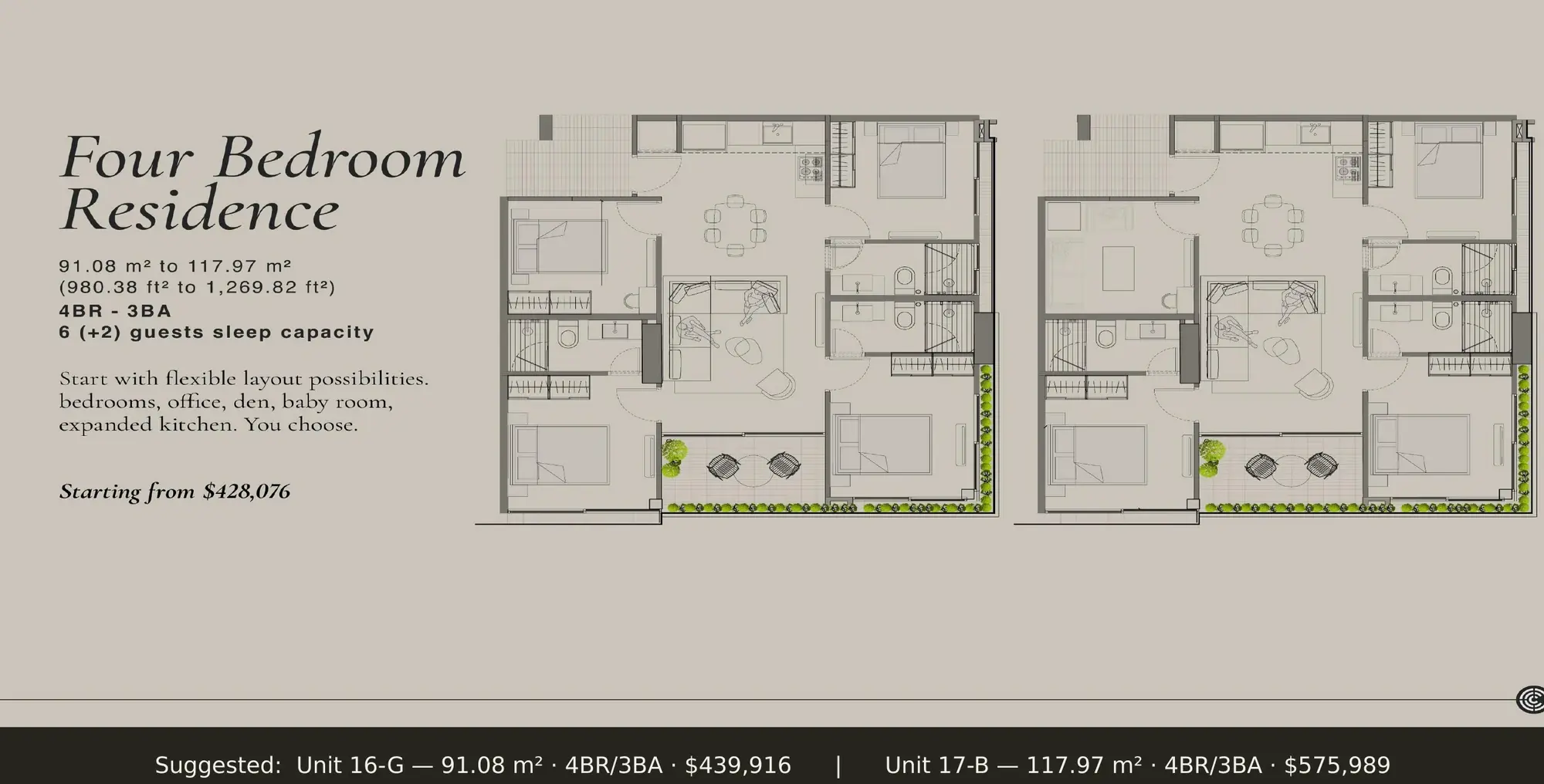 Floor plan of a 91.08–117.97 m² Centro Obarrio apartment with four bedrooms, three bathrooms and a balcony, shown in two layout variants.