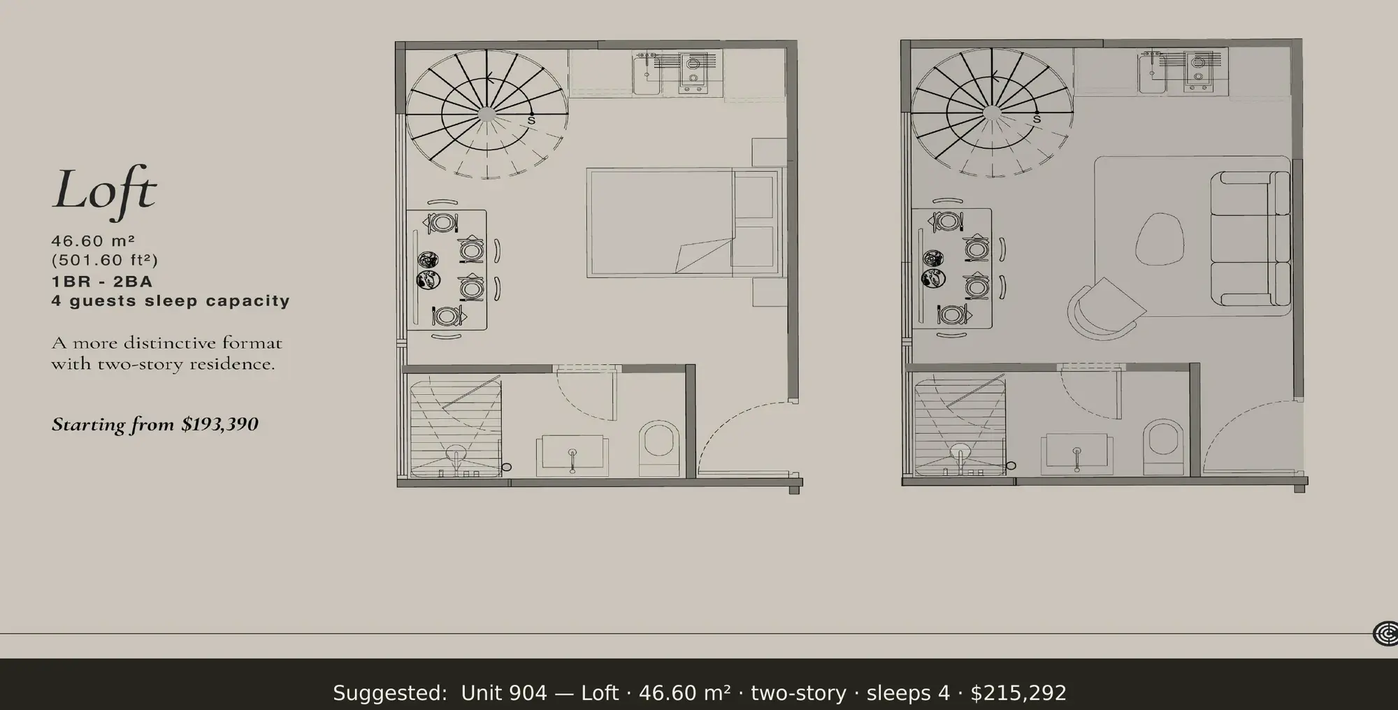 Floor plan of a 46.6 m² two-story Centro Obarrio loft with a spiral staircase, one bedroom and two bathrooms.