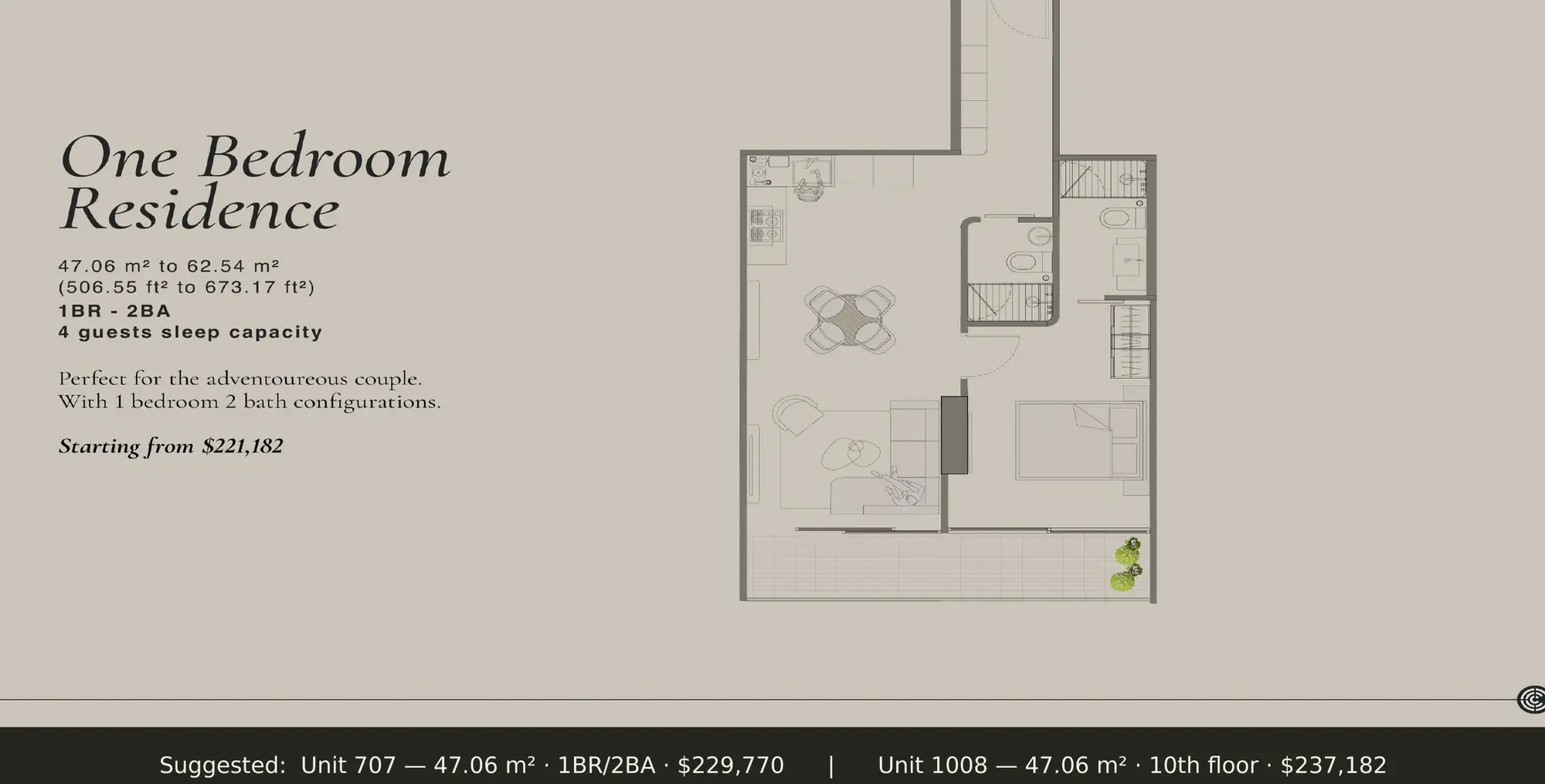 Floor plan of a 47.06 m² Centro Obarrio apartment with one bedroom, two bathrooms and a balcony.