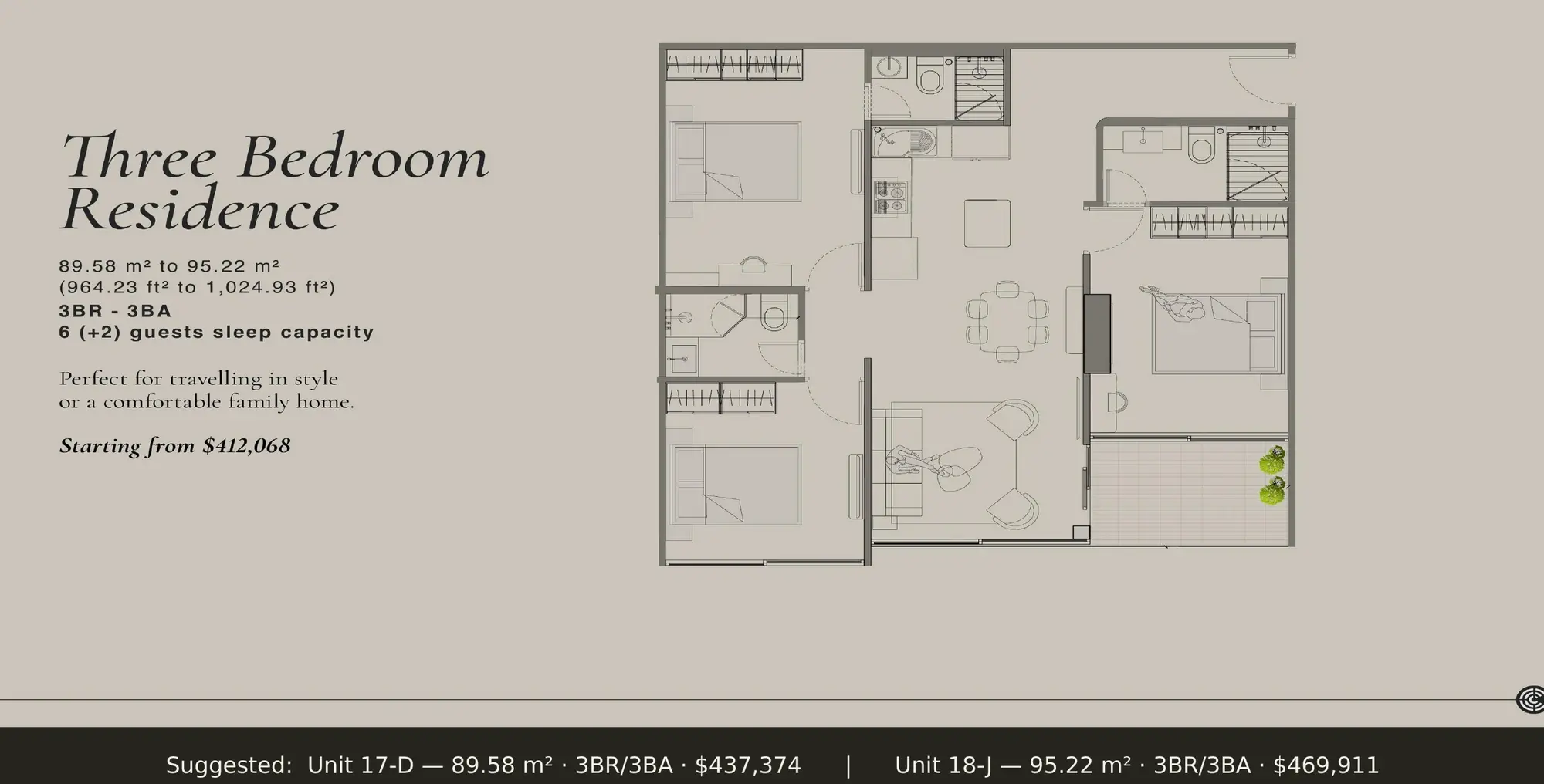 Floor plan of an 89.58–95.22 m² Centro Obarrio apartment with three bedrooms, three bathrooms and a balcony.
